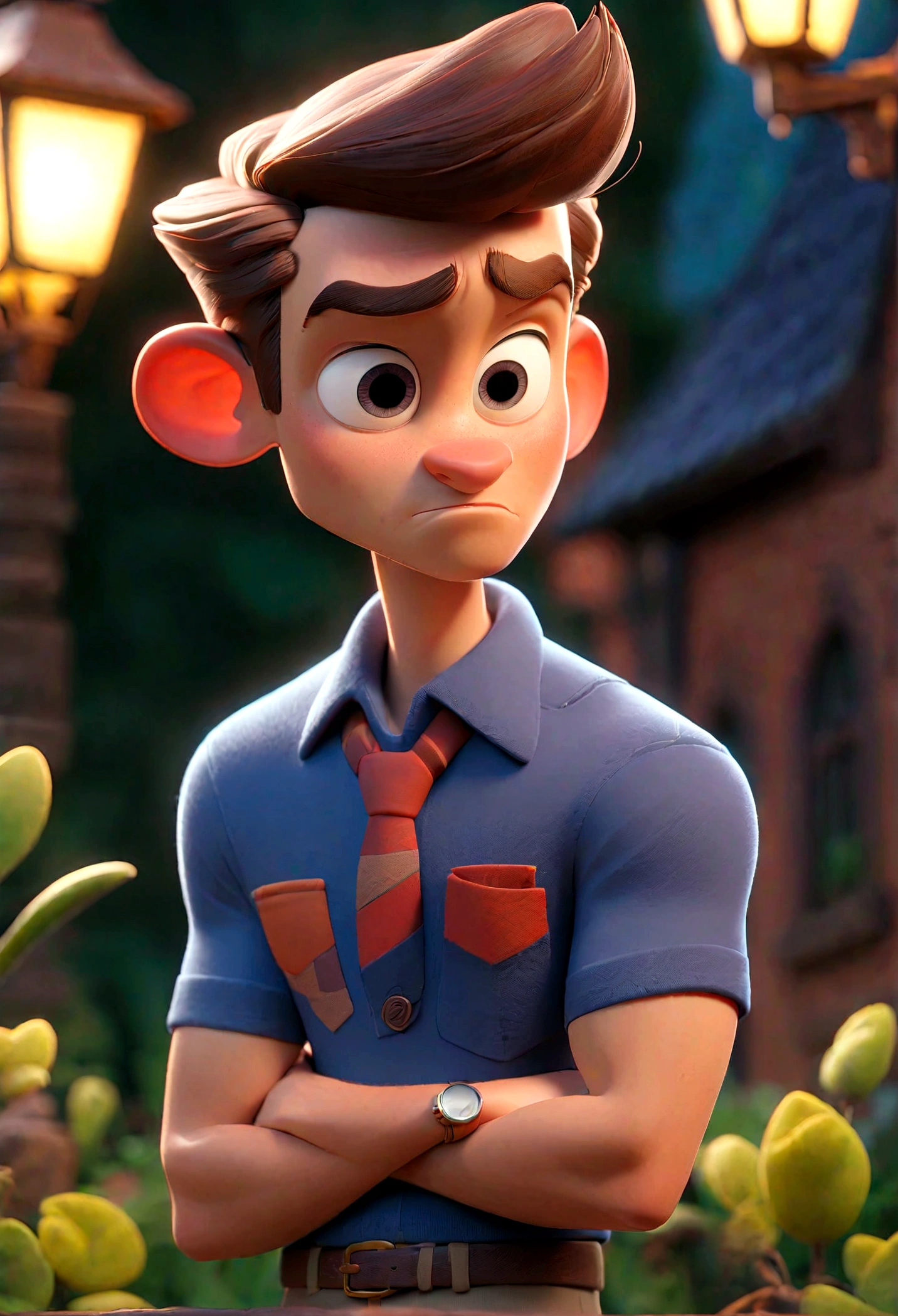 Personagem de desenho animado de um homem, camiseta social branca manga longa um personagem animado, Caractere estilizado, animation style rendering, 3D estilizado, Arnold Maya rendering, Stylized 3D rendering, toon render screenshot, Personagem 3D, Personagem 3D, Stylized 3D rendering, 3D character rendering, personagem de desenho animado, Personagem de close up, Pose de personagem, (Estilo Pixar) (parte mestre:1.2) (Bokeh) (melhor qualidade) (pele detalhada) (textura detalhada) (8K) (argila) (cinematic lighting) (sharp focus，Senta e vaza a parte superior do corpo