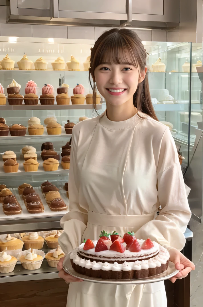 High resolution、Cake shop、Cake maker、Long sleeve、bangs、30-year-old woman、Smiling for the camera、Her skin is white and beautiful、