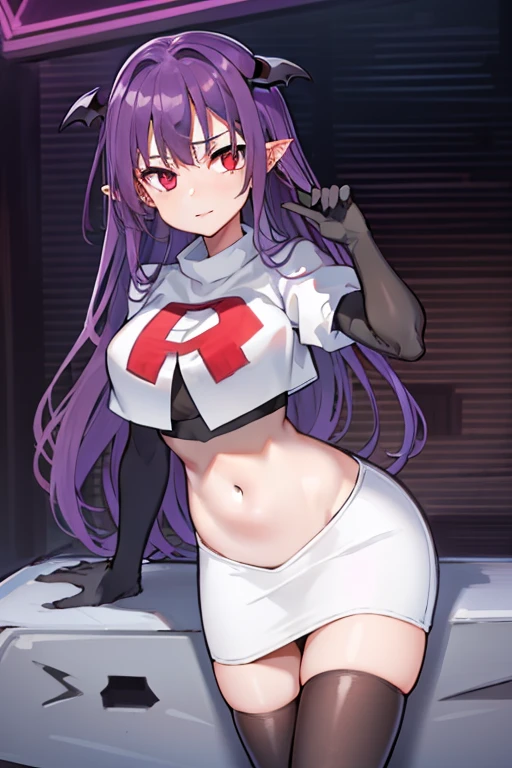 masterpiece, hd, 1girl, mythia, purple long hair, bat ears, red eye, team rocket,team rocket uniform,white skirt,red letter R,crop top,black thigh-highs,black elbow gloves