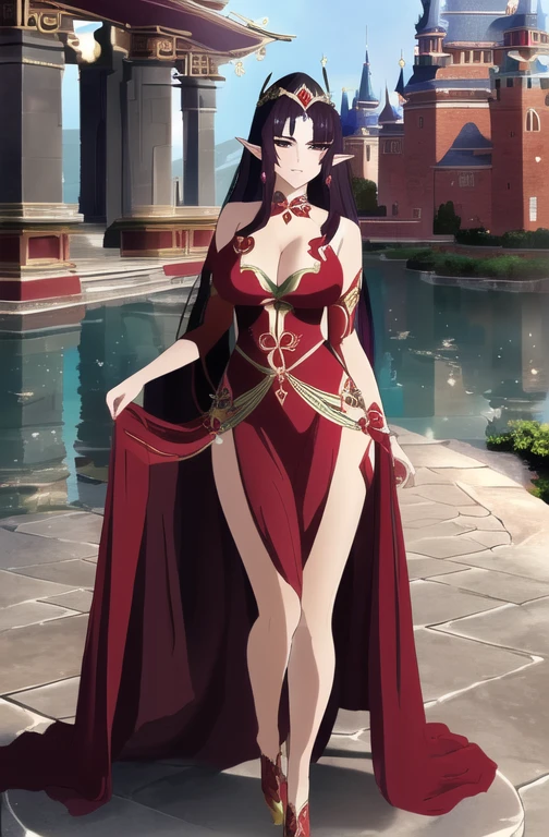 Arav woman in red dress posing in front of pond, Fantasy Costume, Beautiful fantasy queen, a Beautiful witch, Fantasy style costumes, Beautiful witch, Wear fantasy costumes, Beautiful charming anime woman, ((Beautiful fantasy queen)), full body xianxia, Beautiful and elegant elf queen, Beautiful girl, Fantasy woman,,((Cleavage))