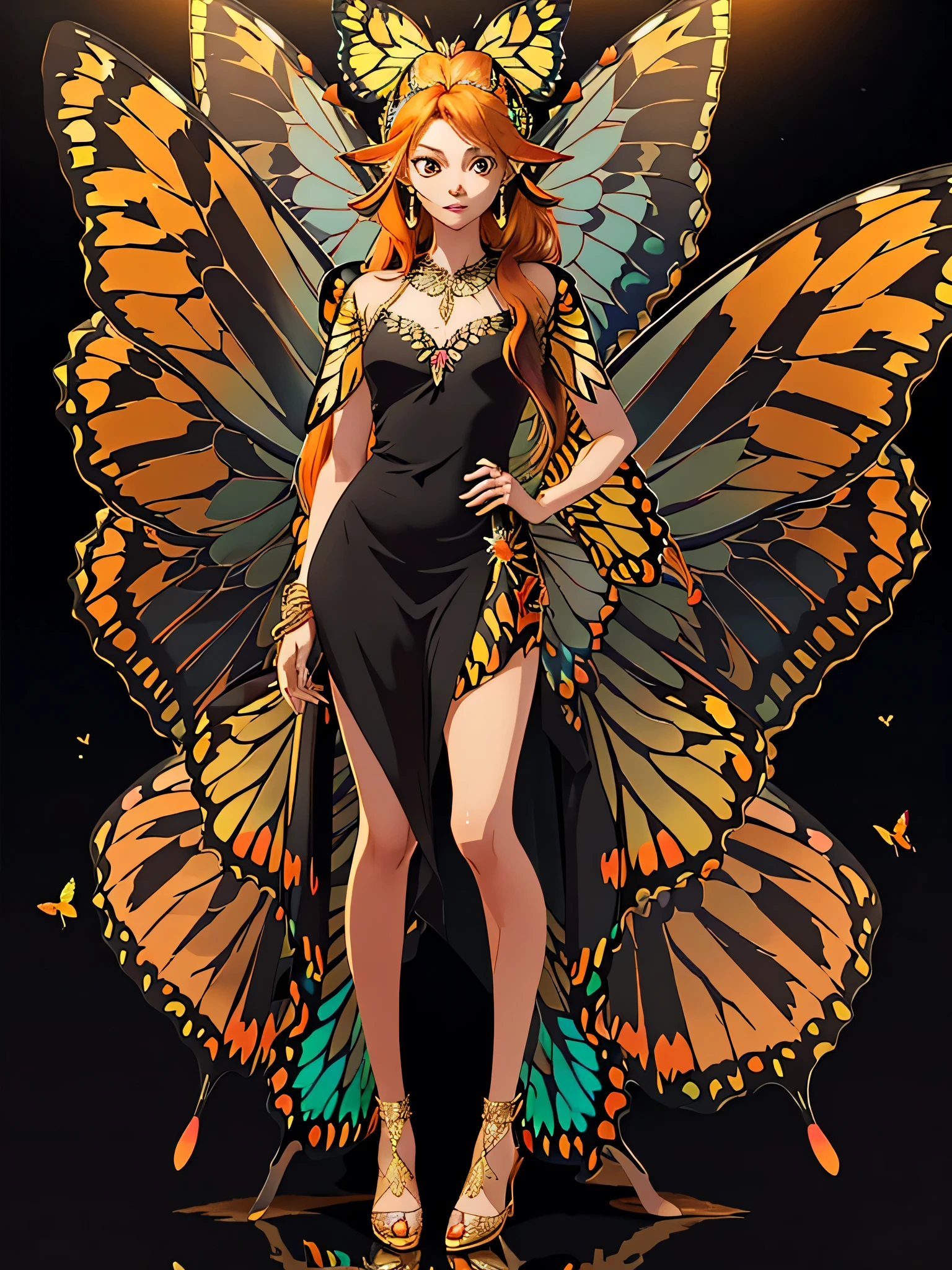 1girl, (3d realistic:1.3), gold, gold earrings, gold jewelry, gold necklace, gold rings, ((orange hair)), black eyes, golden snake on the head, (butterflies:1.6), (fairy wings:1.6),left hand on hip, golden apple in right hand, straight hair, tiara, black dress, silk dress, tight clothing, (full body:1.3), (long hair:1.3)