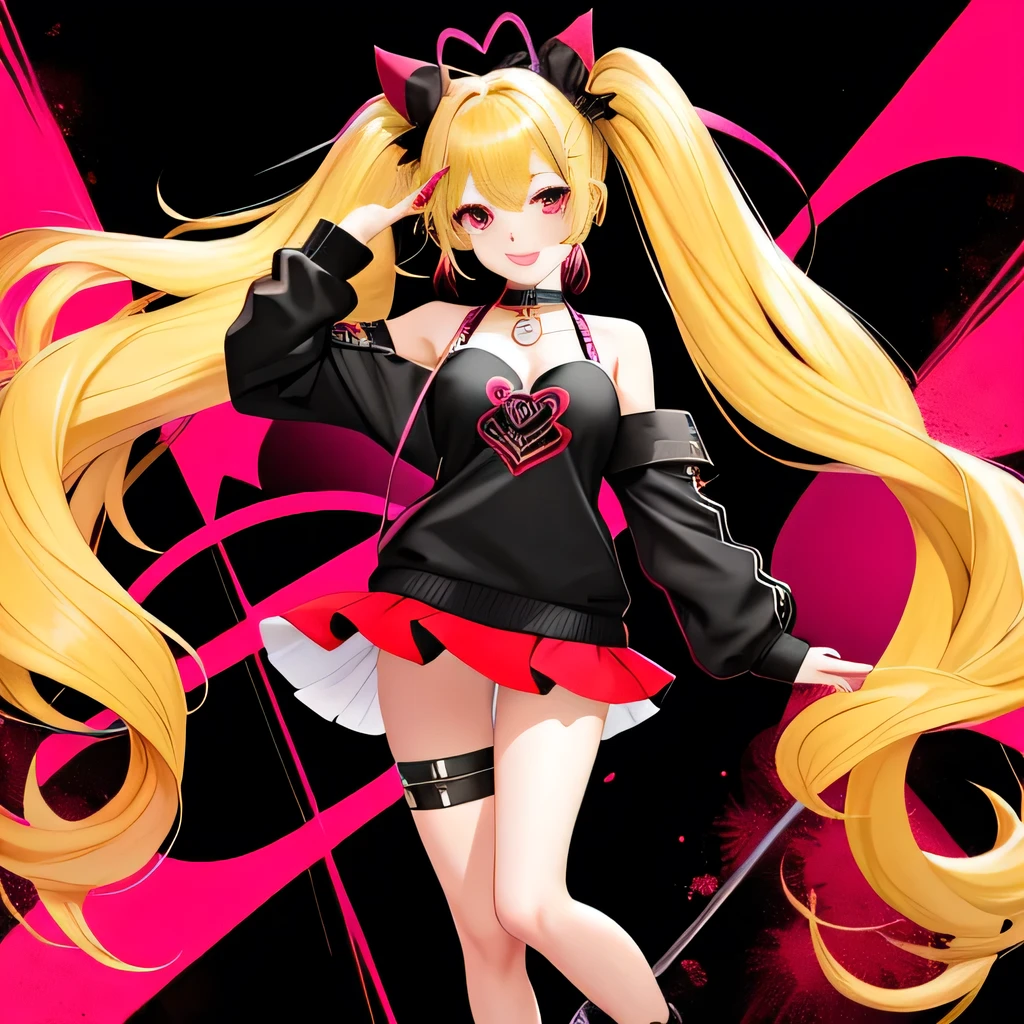 full body Esbian, masutepiece: 1.2, Highest Quality), (Live-action, elaborate details), (1 Lady, Solo, Upper body,) Clothing: Edgy, Black long jumper, red miniskirt, long hair with blonde twin tails,,,,,,,、Avant-garde, Experimental appearance: Long blonde twin tail hair 、Red eyes、Heart-shaped choker、The location: karaoke、Solo, Nice smile、Value Creation in Mixed Media Art: individuality, authenticity, Creative expression