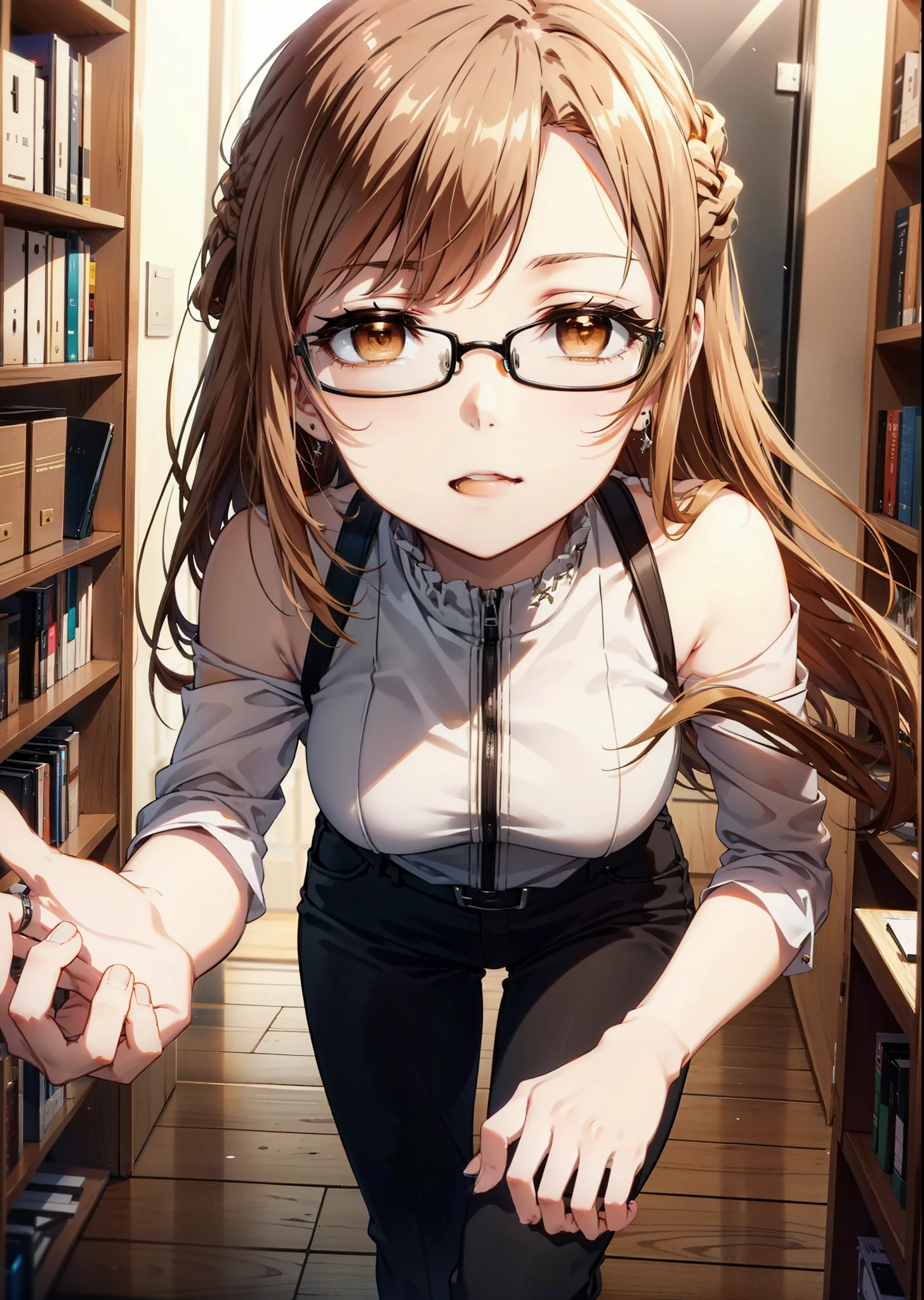 a sun ayuuki, a sun a yuuki, Long Hair, Brown Hair, (Brown eyes:1.8),Sleeveless dress, skinny pants,Stiletto heels,Black-rimmed glasses,happy smile, smile, Open your mouth,whole bodyがイラストに入るように,Daytime,sunny,Walking,
break indoors, office,
break looking at viewer, whole body,
break (masterpiece:1.2), highest quality, High resolution, unity 8k wallpaper, (shape:0.8), (Beautiful details:1.6), Highly detailed face, Perfect lighting, Highly detailed CG, (Perfect hands, Perfect Anatomy),