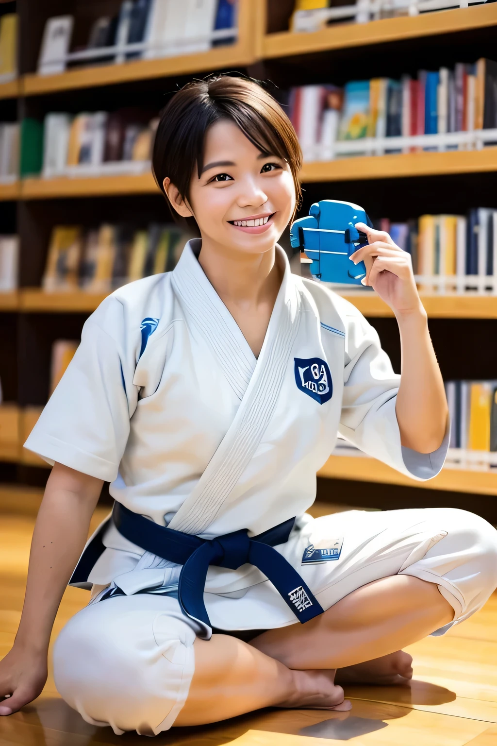 A jiu-jitsu practitioner wearing a white uniform is playing with a toy car. A beautiful woman with short hair is in a library surrounded by many difficult books. She has a bright smile and a cute smile. 38 years old.
There is a toy car placed there, and the is given a toy car to hold.