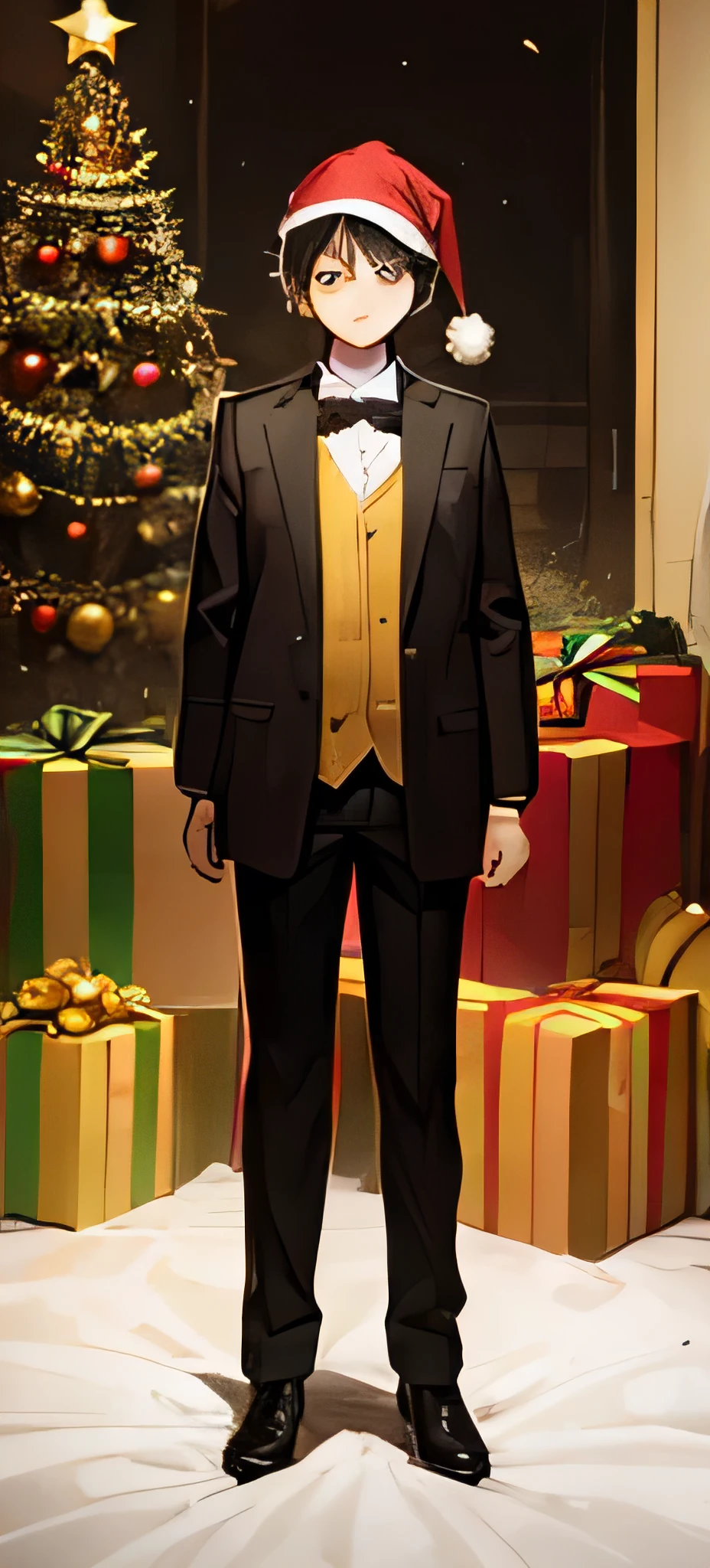 masterpiece, best qaulity, a young boy, black hair, christmas hat, yellow eyes, santa claus clothes, no background, full body, looking towards the camera