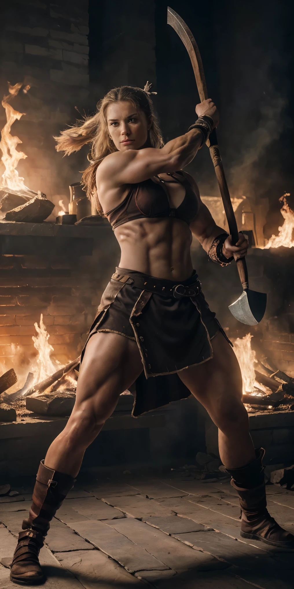 (Best quality, 8k, 32k, Masterpiece, UHD:1.2),strong Viking warrior, athletic, battle scene in background, masterpiece, (muscles 2.1) perfect lighting, uhd, 8k, (fighting pose, holding ax) flames in background