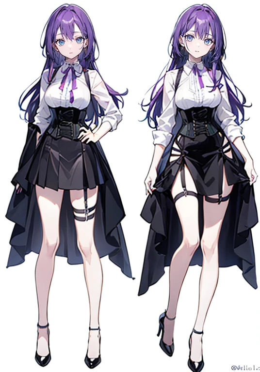 ((Perfect Face)),Purple Hair,long hair,1 female,bartender,,White shirt,(Roll up your sleeves),((body harness)),corset,Tight Skirt,High heels,,((Simple White background)),((full  body)),((whole body))