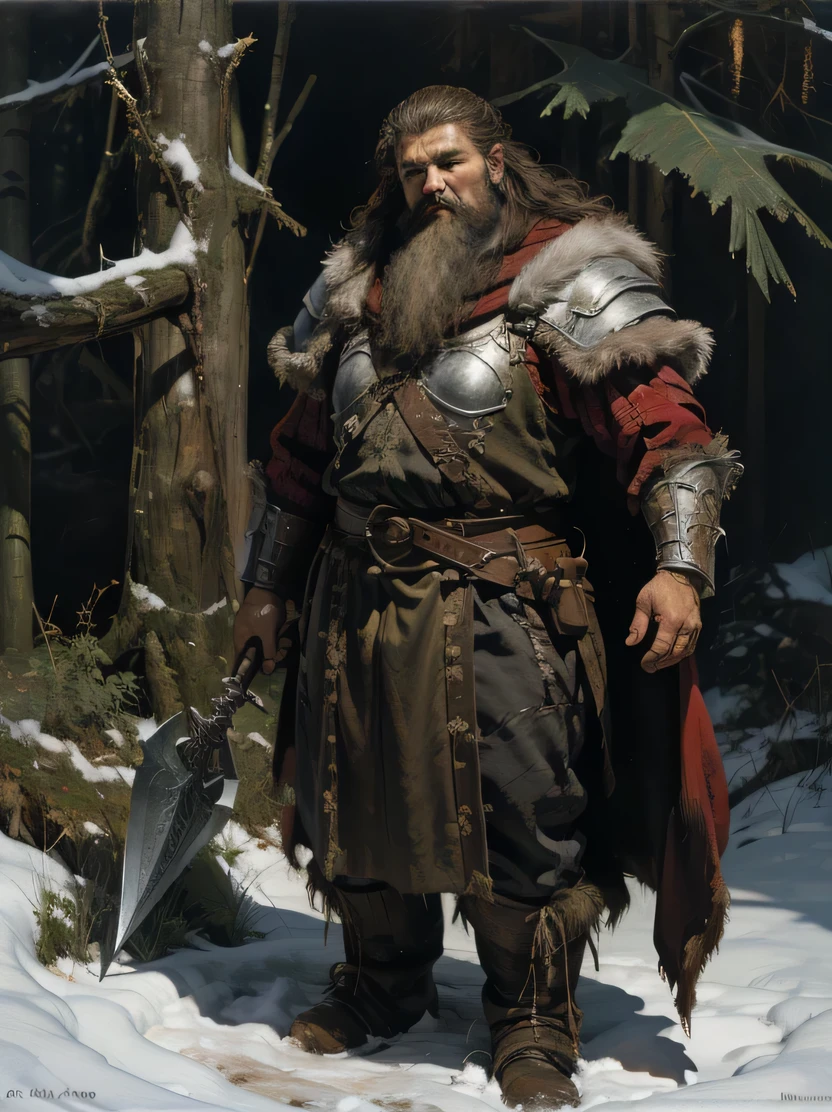 ((masterpiece、highest quality、Very detailed、High resolution、Sharp focus))、The most beautiful dungeons&Dragons artwork、Fantasy Male Dwarf Druid、Short and chubby、Standing barefoot、Bearded、Pointed Ears、Red round nose、Winter coat with leather belt around the waist、Leather pouch、((Holding a double-edged battle axe in his hand))、Mid Shot、background: Midday Sun、sunny、Winter forest、Snow covered ground、wood、oil painting