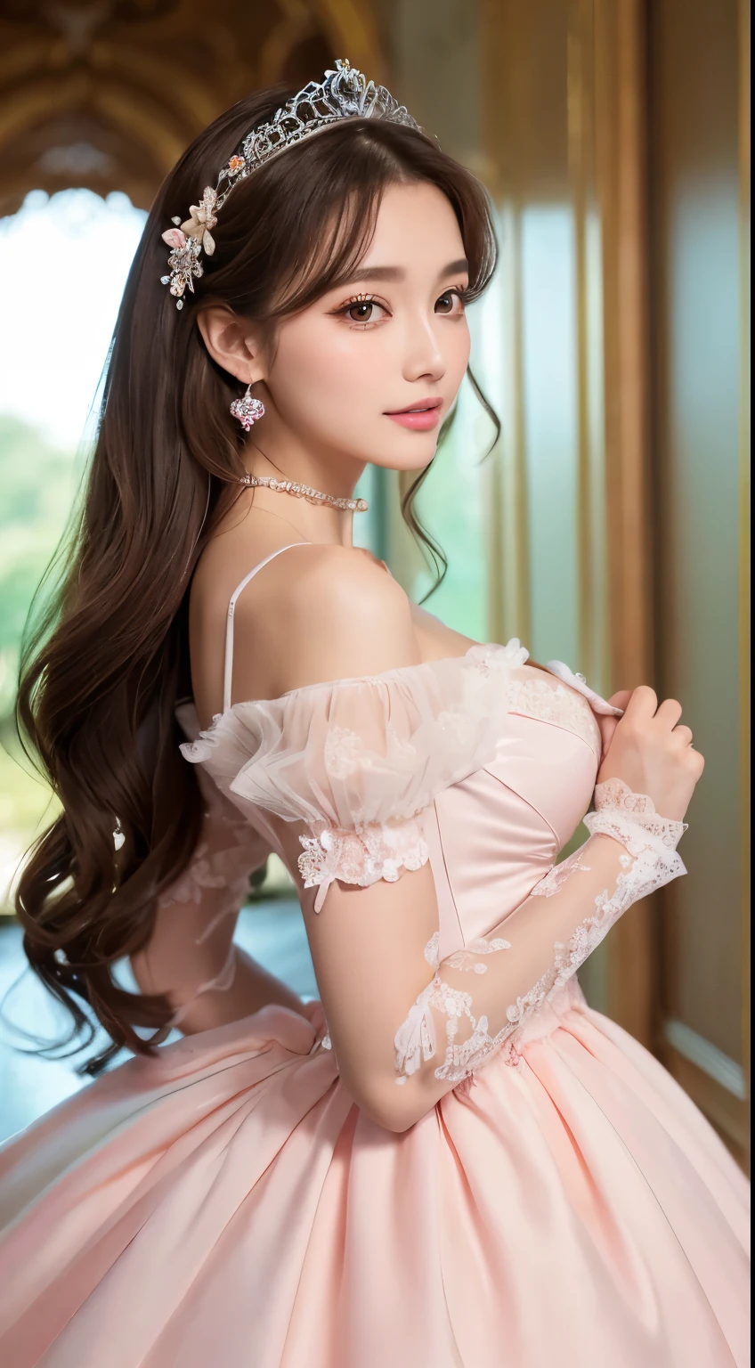 (highest quality、masterpiece、8k、Best image quality、Hyperrealism、Award-winning works)、1 cute lolita princess、(alone:1.1)、(1 photo:1.1)、(Girly and cute luxury light pink lolita princess dress:1.2)、(Cute big ribbon on the chest:1.1)、(The most extravagant and luxurious giant princess tiara:1.1)、(Huge jewellery:1.1)、(The most luxurious and finest giant princess jewelry necklace:1.1)、(A top-notch Lolita princess dress with intricate jewelry details:1.2)、(Very intricate and detailed lace decoration:1.1)、(A very intricate and elaborately decorated dress:1.1)、(The most extravagant Lolita princess dress with cute frills and ribbons:1.1)、(The most gorgeous Lolita princess dress with lovely lace decoration:1.1)、(Cute girly lolita wavy hair:1.1)、(Short:1.1)、(height: 140cm:1.1)、(Very large breasts:1.2)、(Cleavage:1.1)、Lots of cute frills、Accentuate your body lines、Slender body、Standing Elegantly、(Beautiful gorgeous palace entrance background:1.2)、(very bright and vivid:1.1)、(Bright and shiny dress:1.2)、Standing Elegantly Girl、Accurate anatomy、Perfect Makeup、Long eyelashes、Glossy Lips、Ultra HD glossy skin、(Ultra-high resolution, bright and beautiful skin:1.3)、Ultra-high definition glossy lips、Ultra-high resolution beautiful teeth、Ultra HD beautiful light brown hair、(Body facing forward:1.1)、(Front view:1.1)