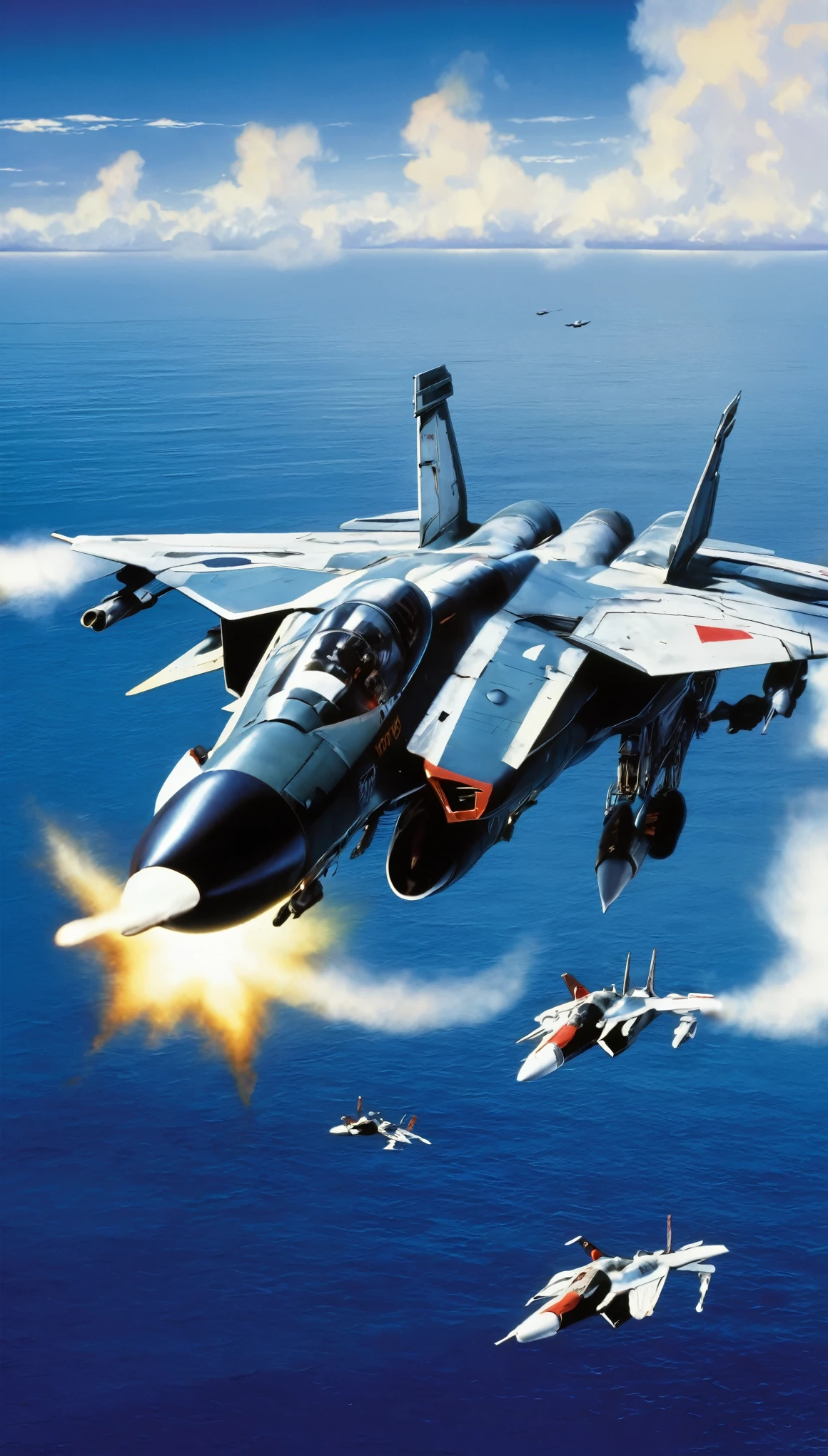 A scene from a movie，Scene from Macross F where the Macross VF-01 takes off from an aircraft carrier moving freely through the air，with high definition images，リアルなwith high definition images，