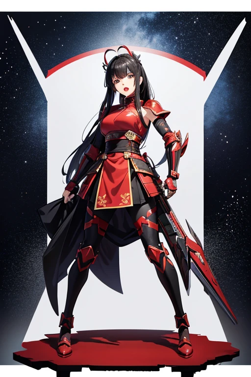 Anime drawings、Full body portrait、Space SF Armored Warrior、A female samurai wearing red armor, standing upright and scolding, about 165cm tall and about 23 years old、Bullish expression、Open mouth and screaming、Hairstyle is semi-long straight、Black Hair、Arm guard、Leggers、Big red ribbon on head