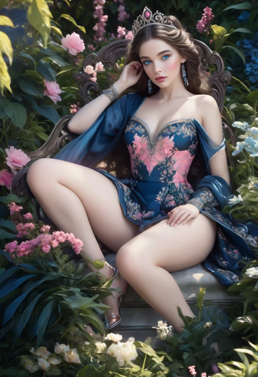a beautiful princess in a lush garden, vibrant blue sky, detailed face and eyes, volumetric lighting, intricate details, photorealistic, high class fashion, masterpiece, professional digital art, cinematic color palette, using a palette of light pink, muted blue, dark grayish blue, bright blue, very dark gray, and light grayish blue