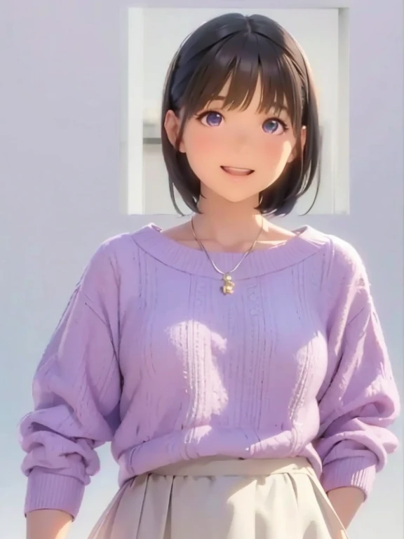 High resolution,In 8K,highest quality,detailed,Semi-realistic anime,Anime 3D Style,Smooth anime CG,One Girl,19-year-old woman in Japan,slim,Modeled,Shiny brown hair,Medium Hair,detailedな顔,Beautiful and detailed,Glowing Skin,Lilac sweater,necklace,straggling hair,Angelic hairstyle,Small breasts,(Observe the audience),((deep ultramarine eyes)),((Open your mouth)),((Laughter))