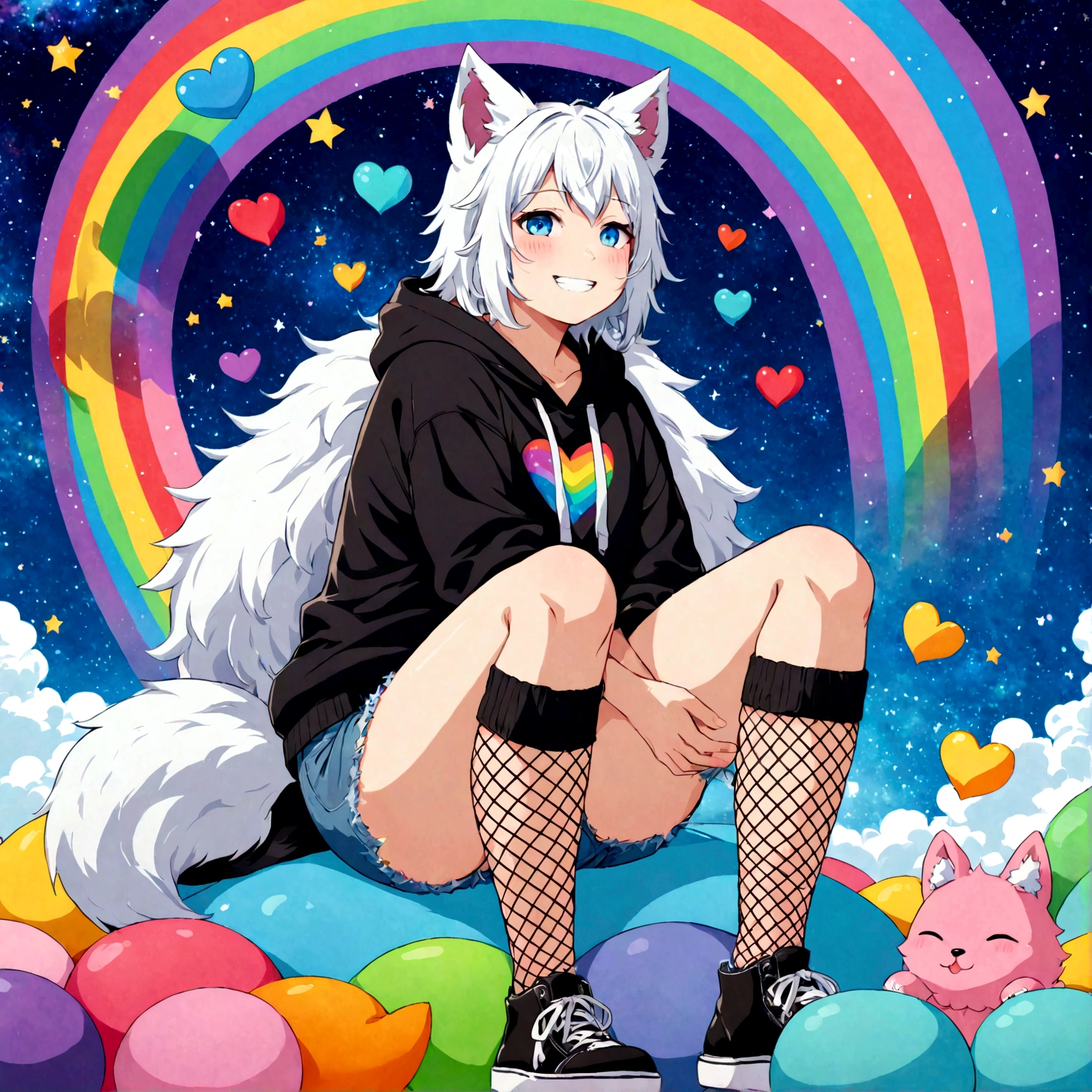 a cute adult male with wolf ears, white hair, has a wolf tail, wearing a loose cropped oversized black hoodie, wearing a pair of denim short shorts and thigh high fishnet stockings, thick thighs, wide hips, relaxing on mound of fluffy multi colored kawaii plushies, short, very slim, showing slender tummy, stretching out, heart on hoodie, squishy thighs, has glowing blue eyes. alone, solo (ALONE)(SOLO), surrounded by rainbows, colorful galaxy backround, wipe opened mouth smile
