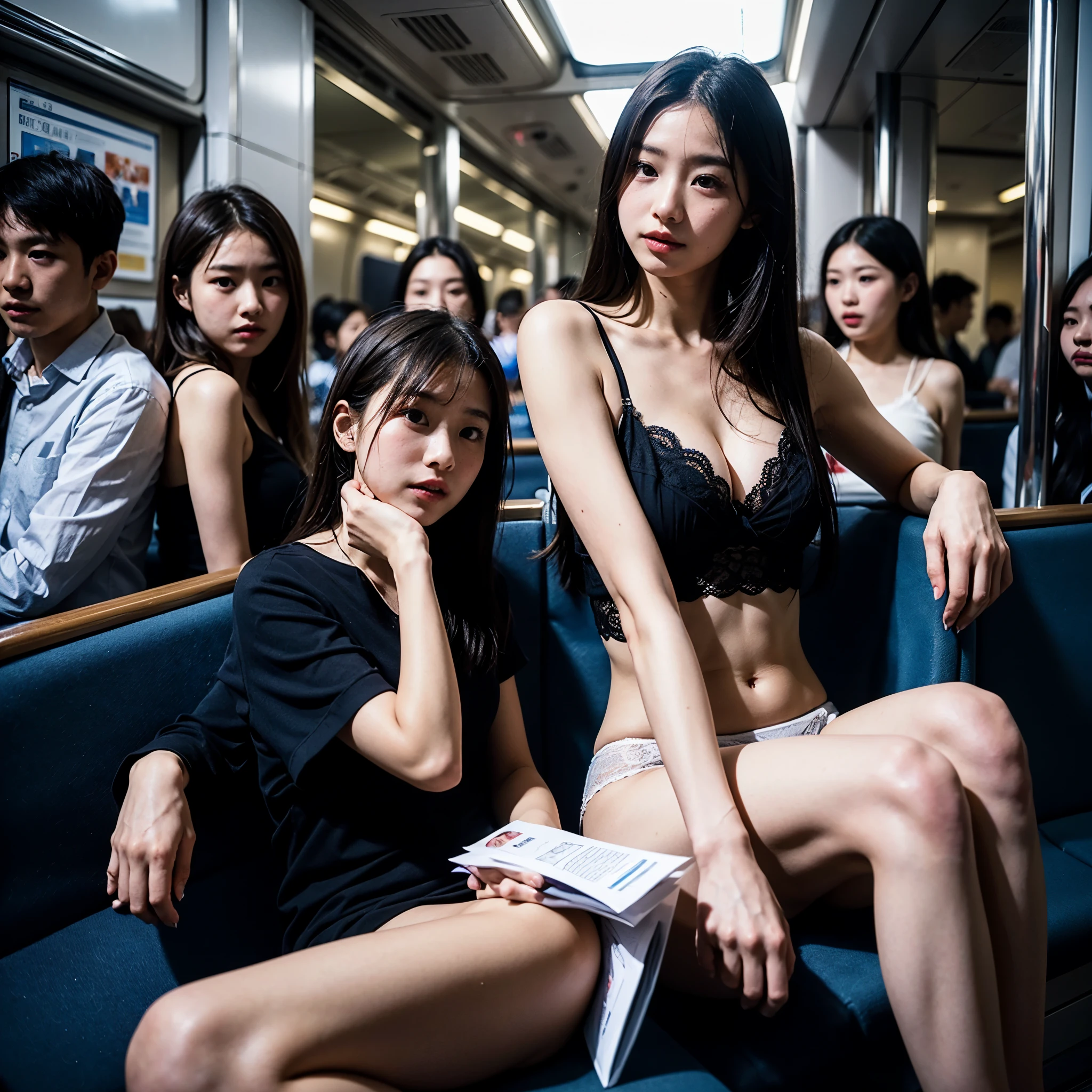 Portrait of a woman wearing a white bra on a crowded train、Japanese Model、Young Sensual Gravure Idol、A young and cute gravure idol、リアルなYoung Gravure Idol、Real fleshy gravure idol、Young Gravure Idol、A sophisticated gravure idol、Young and thin gravure idol、、(There are lots of young passengers around.:1.7)、When the old man next to me touches it.、The children around me stare、