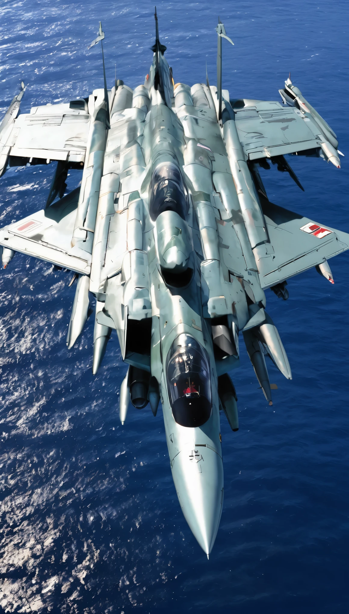 A scene from a movie,Scene from Macross F where the Macross VF-01 takes off from an aircraft carrier moving freely through the air,with high definition images,リアルなwith high definition images,