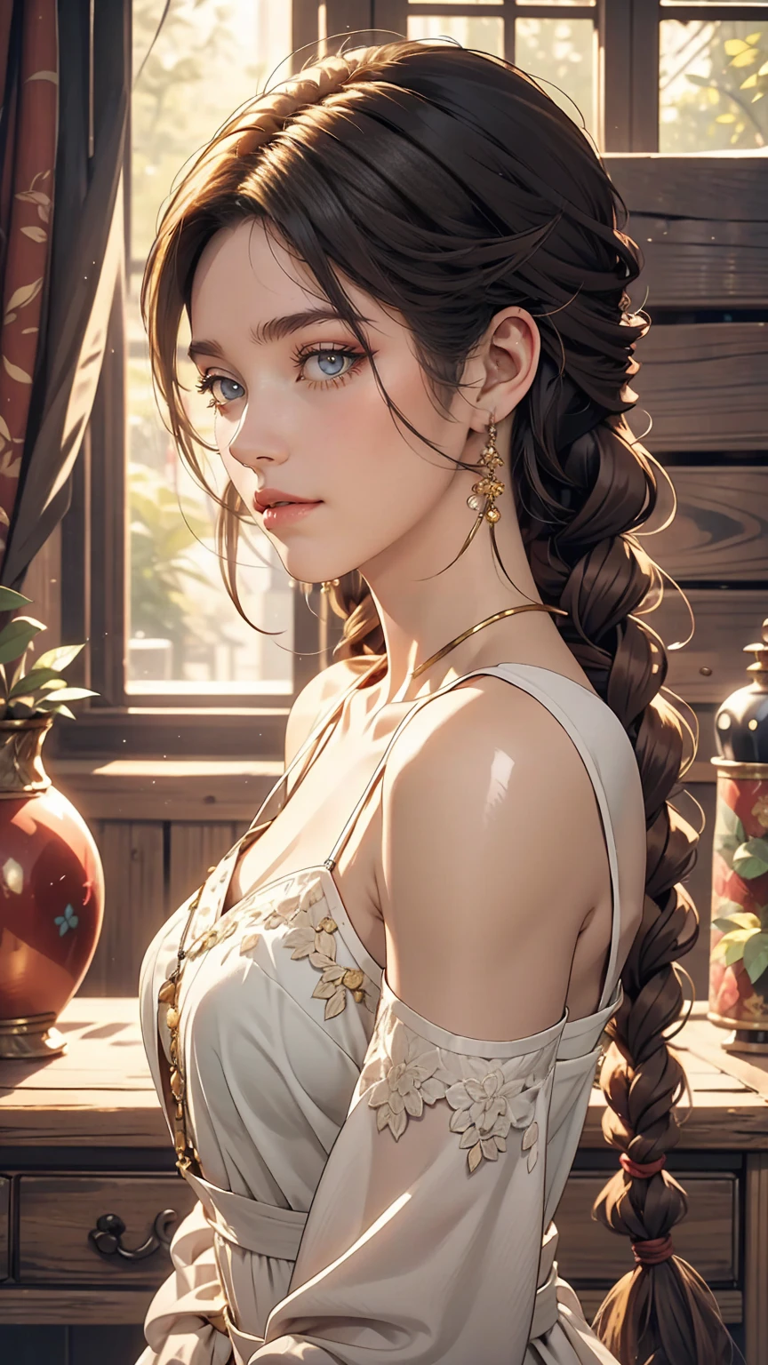 Young Scandinavian woman, Cute Face, Fascinating, highest quality, masterpiece, Translucent summer dress, Golden Hour, Detailed Texture, Long braided hair, Pause, カジュアルなPause, Wooden cottage, interior, [blush], beautiful, complicated, Caustics, light, sunlight, (((Soft lips))), (((Glossy lips))), Very detailed, (Semi-realistic:1.2), Niroudef, Redhead、Sexy proportions、