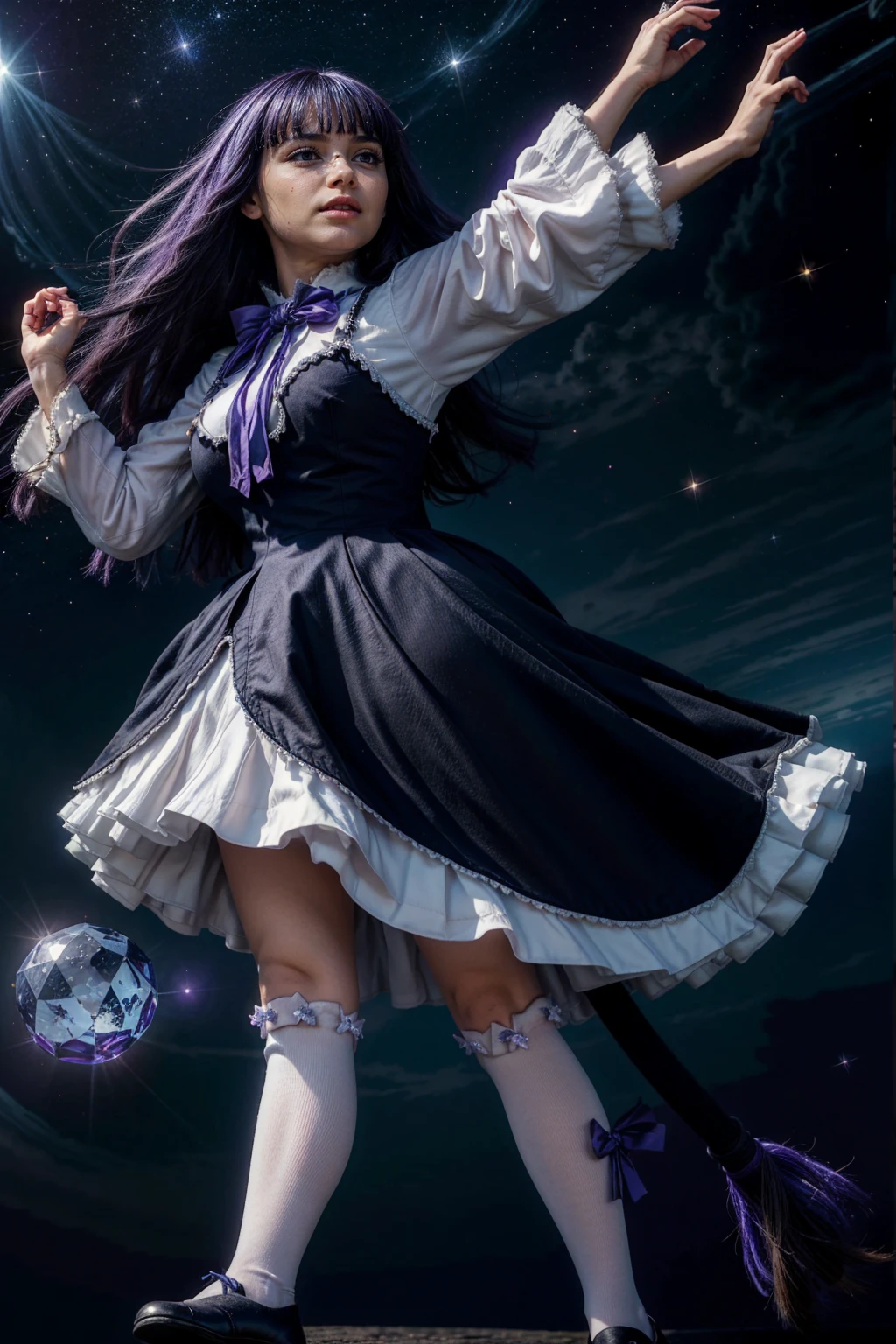 masterpiece,best quality,1girl,frederica bernkastel,purple hair,cat tail,tail bow,purple eyes,tail ornament,dress,bowtie,socks,expressionless,outstretched arms,outer space,surrounded by floating crystal,cowboy shot,