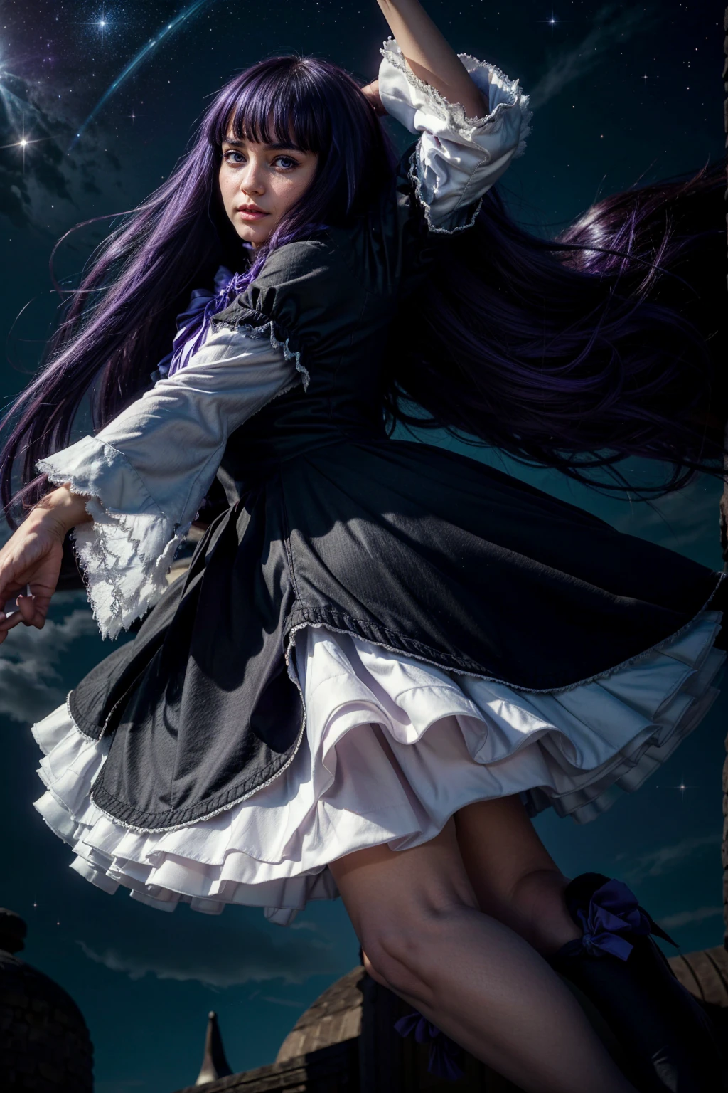 masterpiece,best quality,1girl,frederica bernkastel,purple hair,cat tail,tail bow,purple eyes,tail ornament,dress,bowtie,socks,expressionless,outstretched arms,outer space,surrounded by floating crystal,cowboy shot,