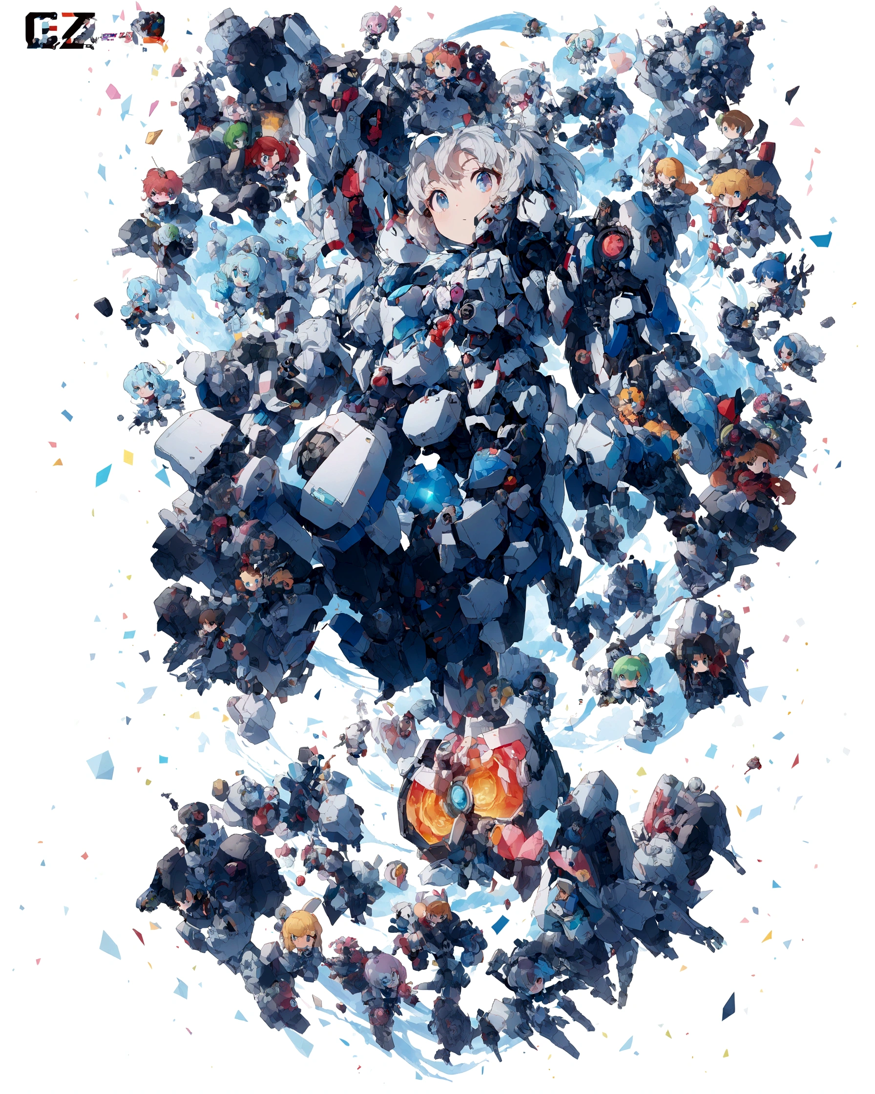 (Super meticulous),(full bodyesbian:1.2), 1girl, anime character with various character and game icons on a white background, 2 d anime style, 2d art cover, fully robotic!! girl, hq artwork, anime manga robot!! anime girl, cyber school girl, 2 d anime, official artwork, e - girl, e-girl, video game style, pixiv style, android heroine, cgstation, pixiv, (Beautiful and delicate eyes),