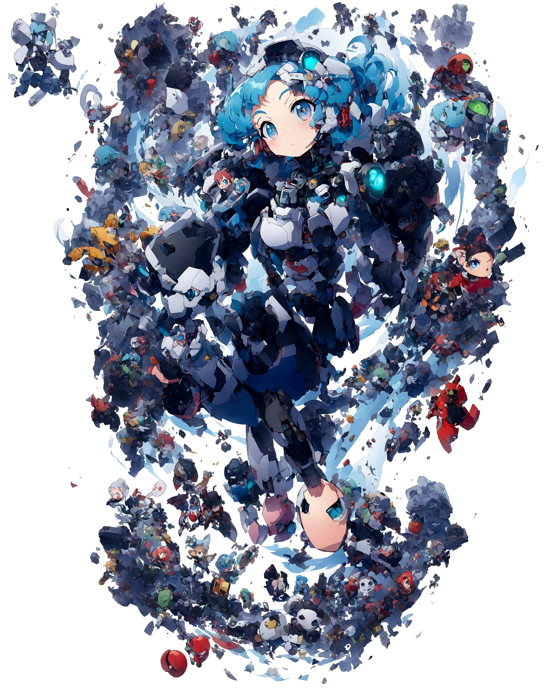 (Super meticulous),(full bodyesbian:1.2), 1girl, anime character with various character and game icons on a white background, 2 d anime style, 2d art cover, fully robotic!! girl, hq artwork, anime manga robot!! anime girl, cyber school girl, 2 d anime, official artwork, e - girl, e-girl, video game style, pixiv style, android heroine, cgstation, pixiv, (Beautiful and delicate eyes),