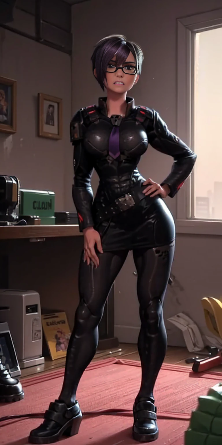 (high quality:1.1), cinema lighting, extremely detailed, Calhoun, standing, hands on hips, determined, clenched teeth, purple hair, black hair, short hair, lips, purple eyes, glasses, uniform, necktie, white shirt, skirt, pantyhose, shoes, large breasts, thighs, messy room, window, sky,