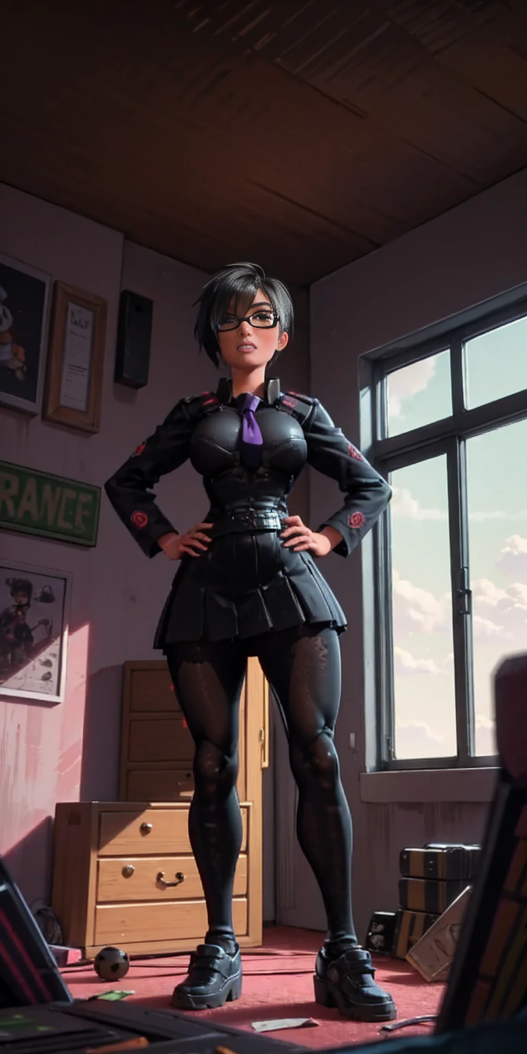 (high quality:1.1), cinema lighting, extremely detailed, Calhoun, standing, hands on hips, determined, clenched teeth, purple hair, black hair, short hair, lips, purple eyes, glasses, uniform, necktie, white shirt, skirt, pantyhose, shoes, large breasts, thighs, messy room, window, sky,