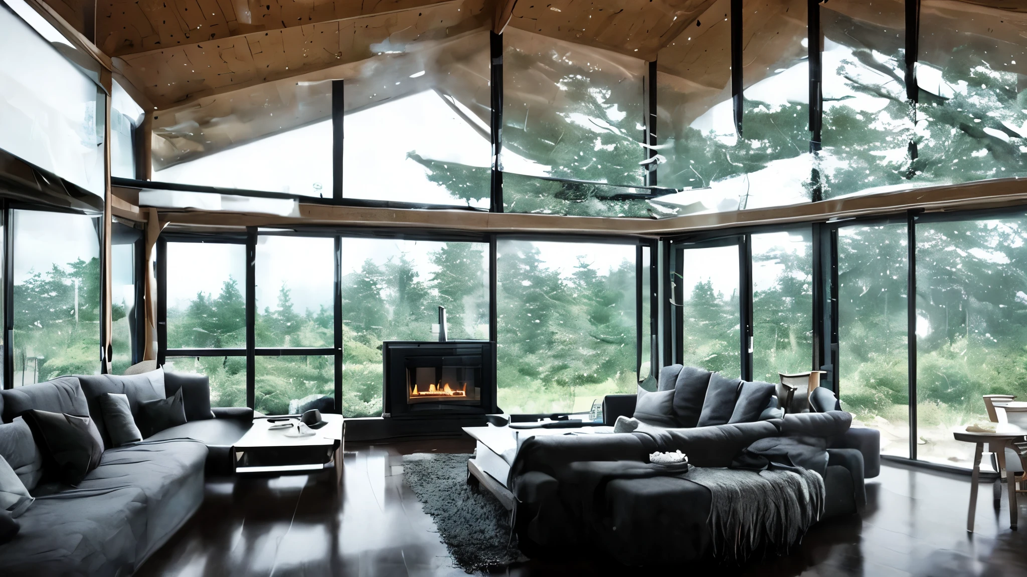 Holiday Homes、Wide々、interior、fireplace、sofa、Large windows、dark、heavy rain、