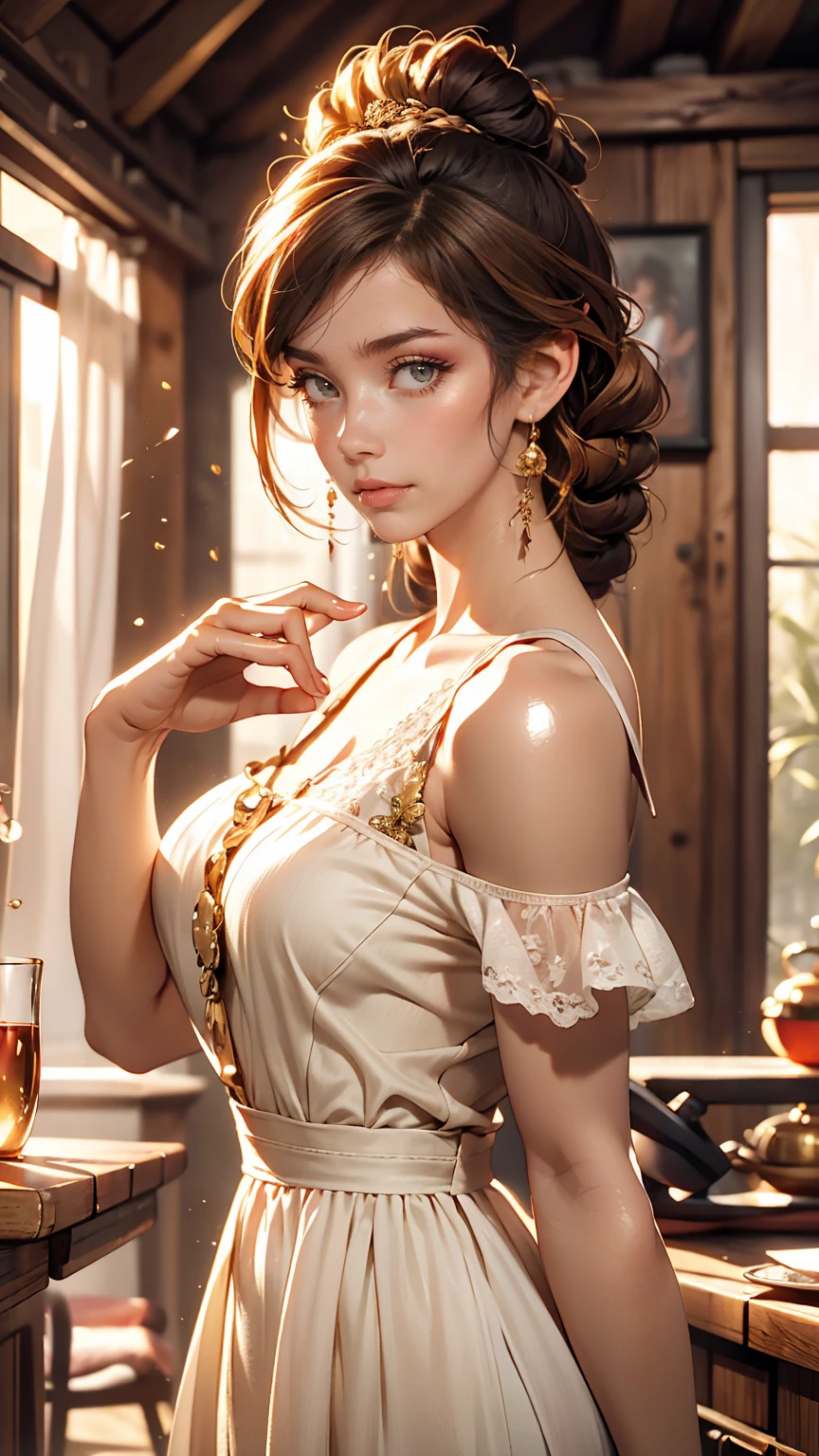 Young Scandinavian woman, Cute Face, Fascinating, highest quality, masterpiece, Translucent summer dress, Golden Hour, Detailed Texture, Long braided hair, Pause, カジュアルなPause, Wooden cottage, interior, [blush], beautiful, complicated, Caustics, light, sunlight, (((Soft lips))), (((Glossy lips))), Very detailed, (Semi-realistic:1.2), Niroudef, Redhead、Sexy proportions、