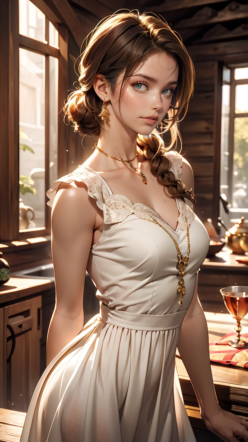 Young Scandinavian woman, Cute Face, Fascinating, highest quality, masterpiece, Translucent summer dress, Golden Hour, Detailed Texture, Long braided hair, Pause, カジュアルなPause, Wooden cottage, interior, [blush], beautiful, complicated, Caustics, light, sunlight, (((Soft lips))), (((Glossy lips))), Very detailed, (Semi-realistic:1.2), Niroudef, Redhead、Sexy proportions、