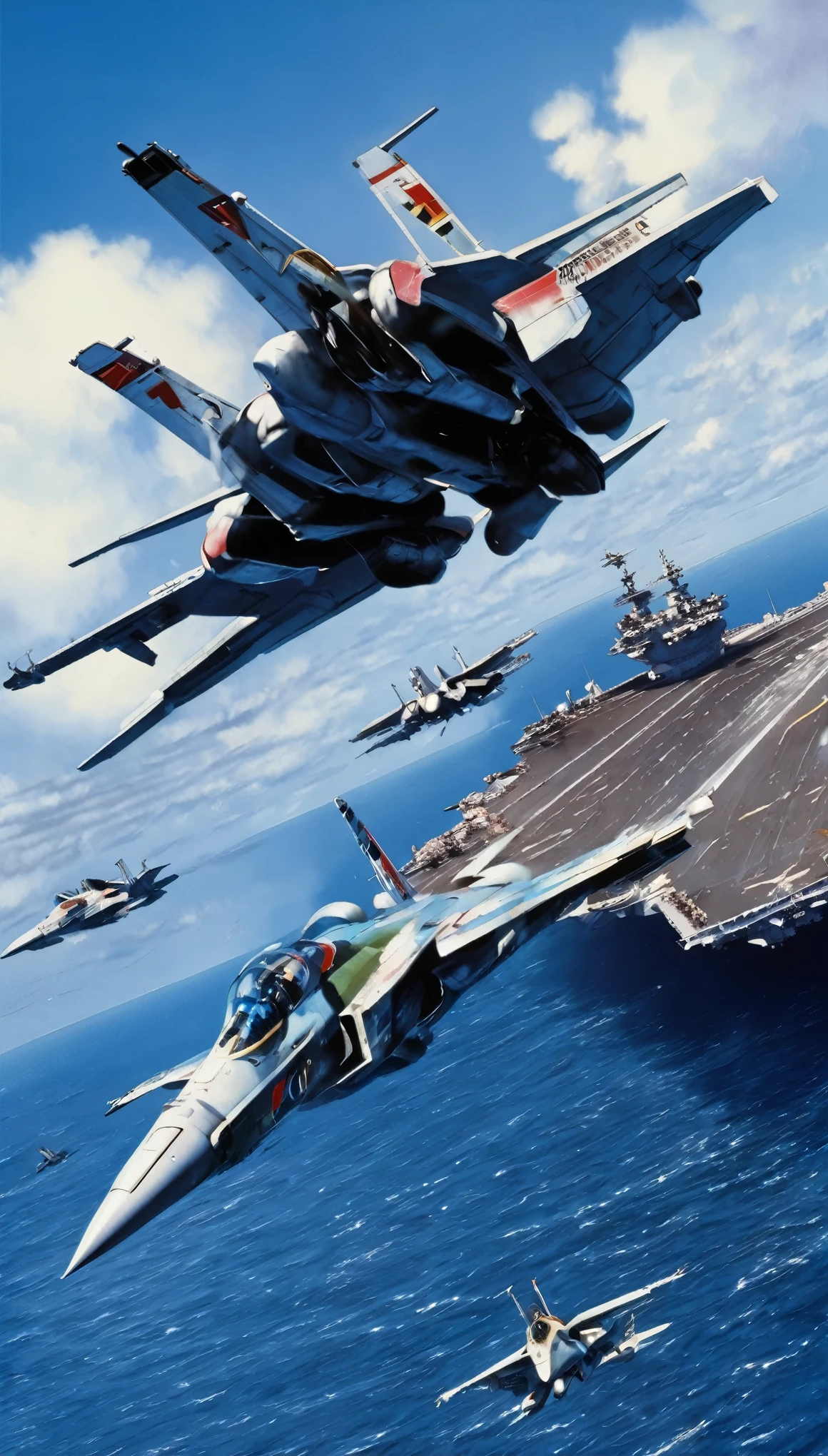 A scene from a movie，Scene from Macross F where the Macross VF-01 takes off from an aircraft carrier moving freely through the air，with high definition images，リアルなwith high definition images，