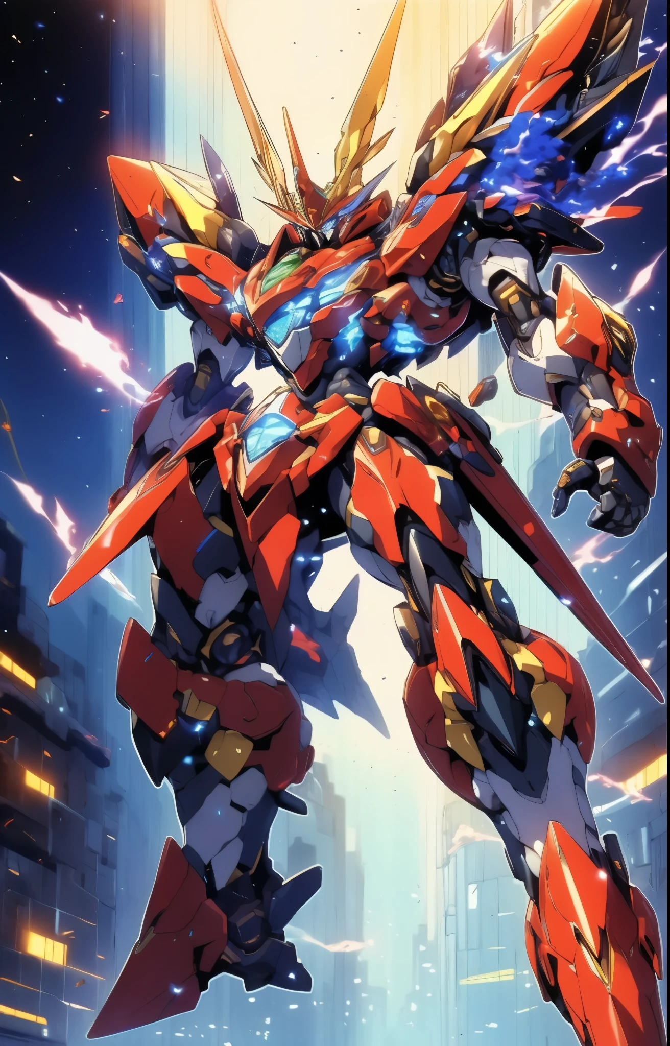 Humanoid Mecha, fully enclosed shoulder guards, matching arm and leg guards, full body, full armor, super robot, the design balances heavy with agility, (the color scheme is primarily white with red and blue accents, the concept Inspired by super robot, organic biotech armor, pose, standing, floating high above the futuristic sci-fi city), exquisite and mature art style, (aura effect, energy, glowing eyes, the armor glows), ((ROBOTANIMESTYLE)), metallic, dynamic angle, dynamic composition, dramatic, high definition, best quality, highres, ultra-detailed, ultra-fine painting, extremely delicate, professional, perfect body proportions, anatomically correct, symmetrical face, extremely detailed eyes and face, high quality eyes, creativity, RAW photo, UHD, 32k, Natural light, cinematic lighting, masterpiece-anatomy-perfect, masterpiece:1.5