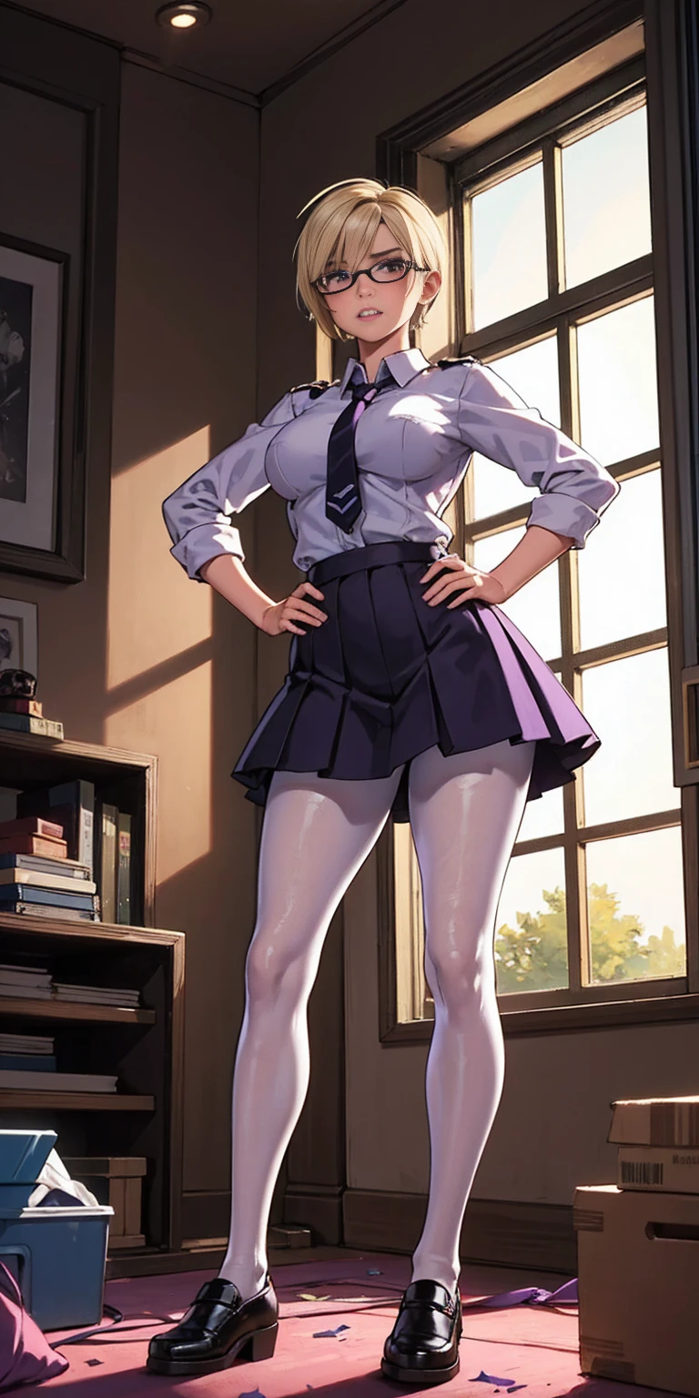 (high quality:1.1), cinema lighting, extremely detailed, Calhoun, standing, hands on hips, determined, clenched teeth, purple hair, blonde hair, short hair, lips, purple eyes, glasses, uniform, necktie, white shirt, skirt, pantyhose, shoes, large breasts, thighs, messy room, window, sky,