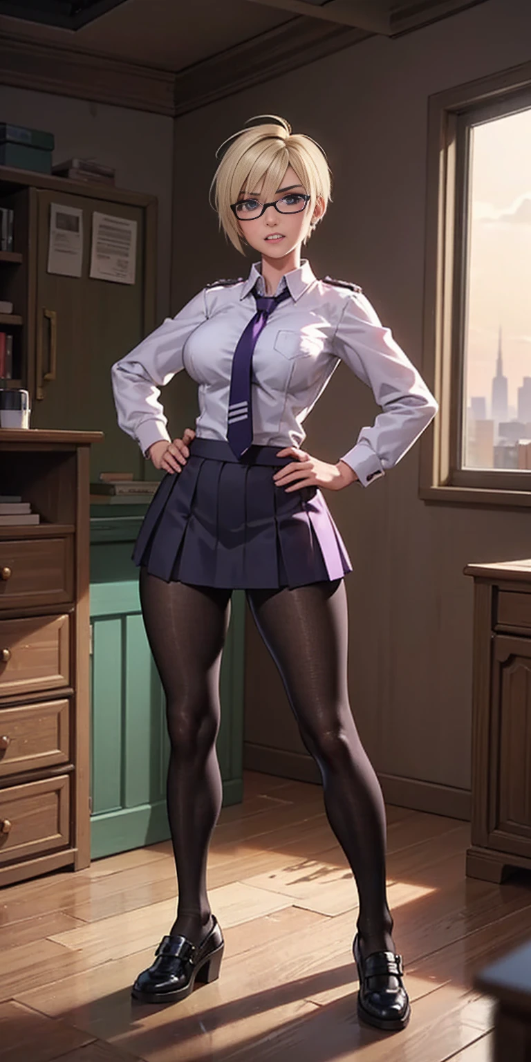 (high quality:1.1), cinema lighting, extremely detailed, Calhoun, standing, hands on hips, determined, clenched teeth, purple hair, blonde hair, short hair, lips, purple eyes, glasses, uniform, necktie, white shirt, skirt, pantyhose, shoes, large breasts, thighs, messy room, window, sky,