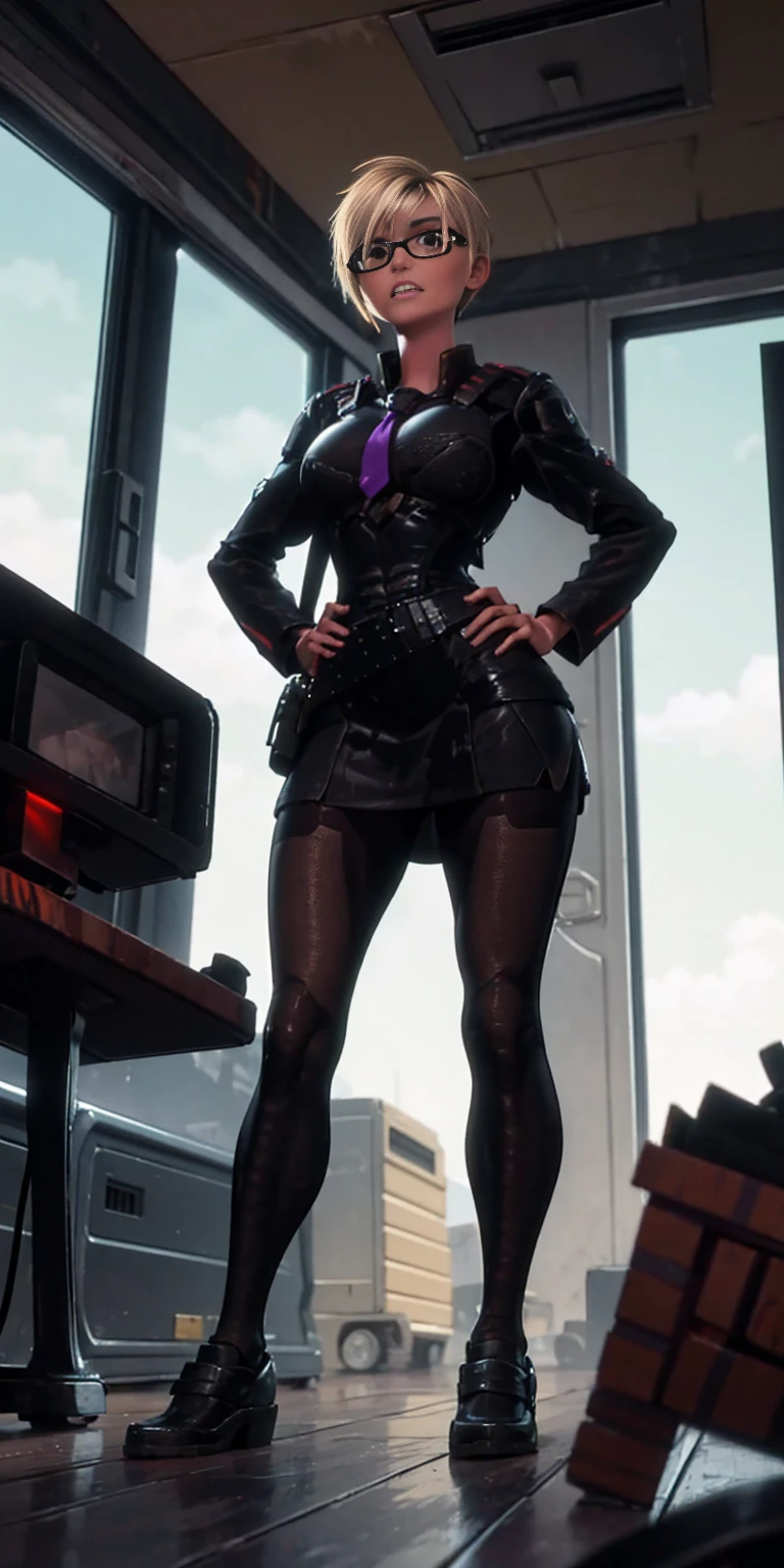 (high quality:1.1), cinema lighting, extremely detailed, Calhoun, standing, hands on hips, determined, clenched teeth, purple hair, blonde hair, short hair, lips, purple eyes, glasses, uniform, necktie, white shirt, skirt, pantyhose, shoes, large breasts, thighs, messy room, window, sky,