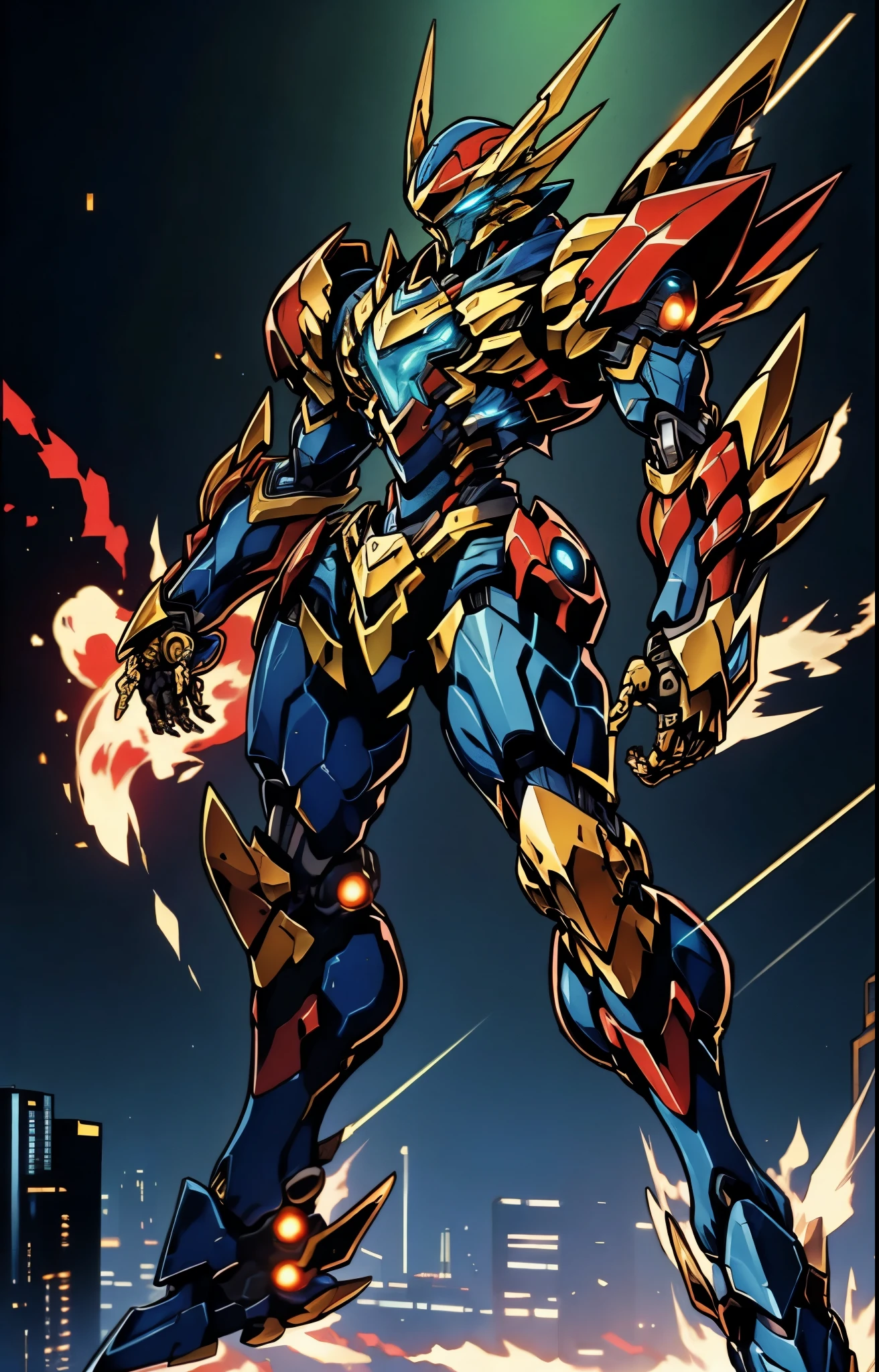 Humanoid Mecha, fully enclosed shoulder guards, matching arm and leg guards, full body, full armor, the design balances heavy with agility, (the color scheme is primarily white with red and blue accents, the concept Inspired by Dynastinae, organic biotech armor, pose, standing, floating high above the futuristic sci-fi city), exquisite and mature art style, (aura effect, energy, glowing eyes, the armor glows), ((ROBOTANIMESTYLE)), metallic, dynamic angle, dynamic composition, dramatic, high definition, best quality, highres, ultra-detailed, ultra-fine painting, extremely delicate, professional, perfect body proportions, anatomically correct, symmetrical face, extremely detailed eyes and face, high quality eyes, creativity, RAW photo, UHD, 32k, Natural light, cinematic lighting, masterpiece-anatomy-perfect, masterpiece:1.5