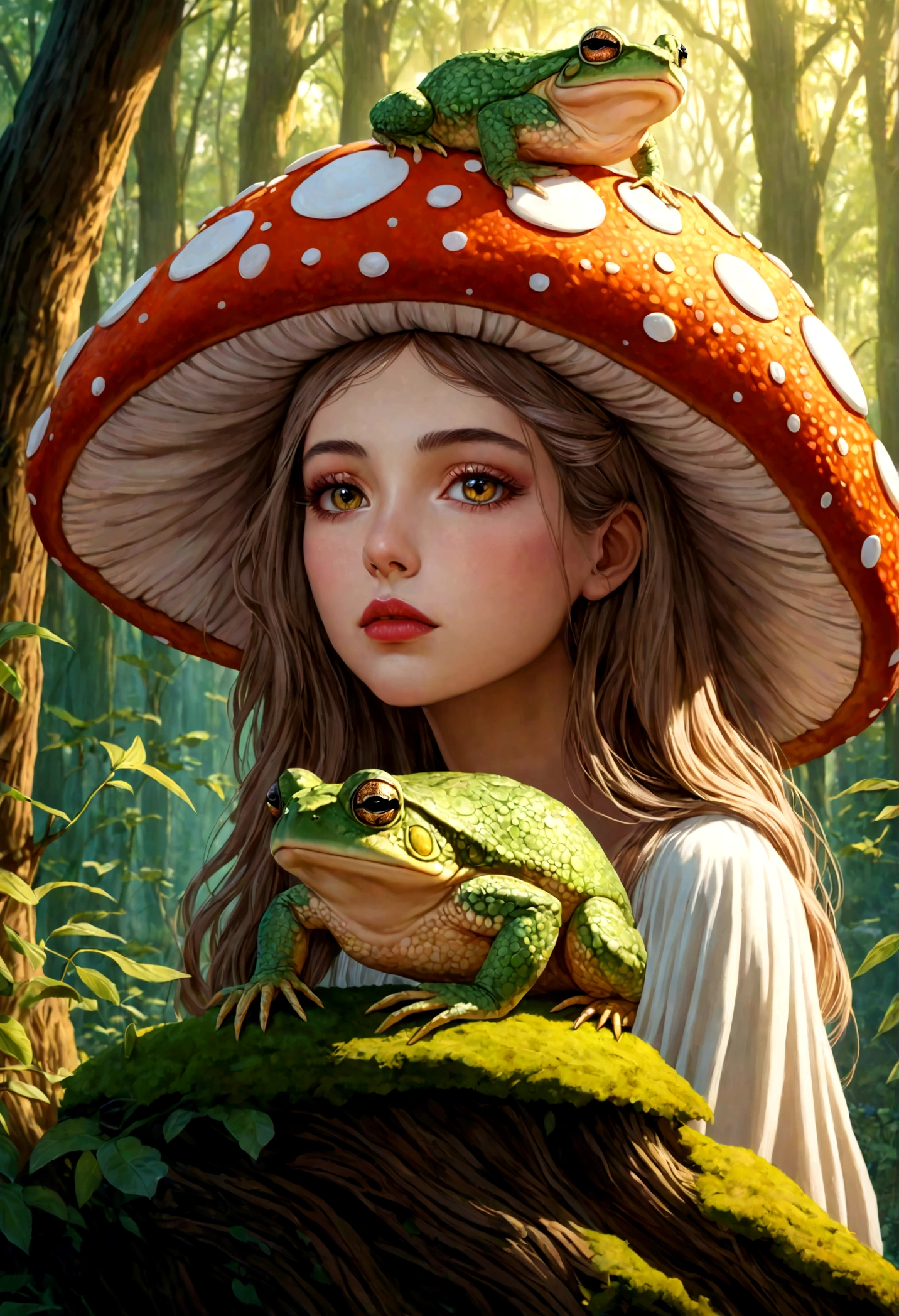 a lovely woman,toad queen,holding court on large bright toadstool,forest animals seek her wisdom,1girl,detailed eyes,detailed lips,longeyelashes,ethereal,magical realism,fantasy,whimsical,vibrant colors,dramatic lighting,golden hour,intricate details,highly detailed,photorealistic,8k,best quality