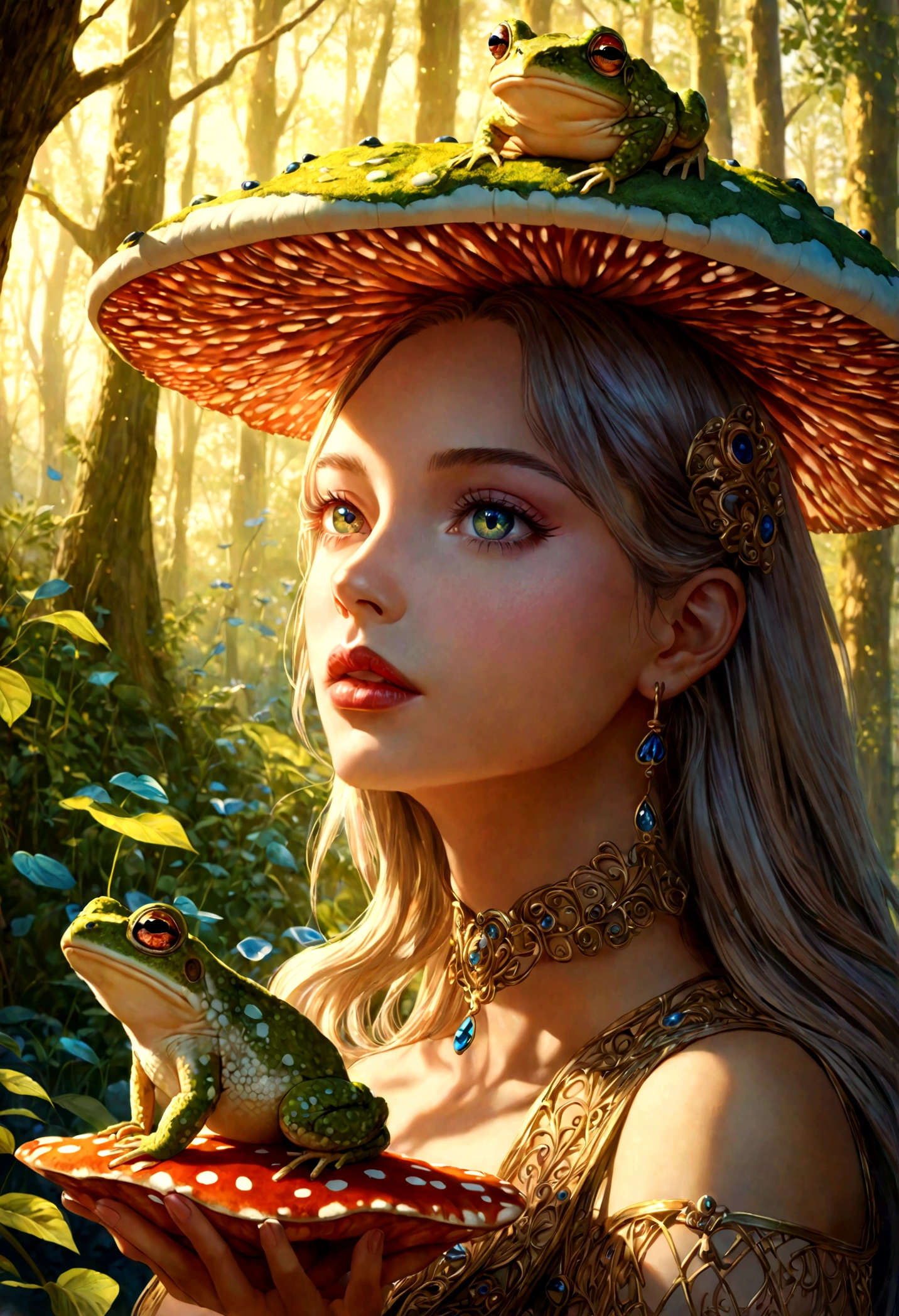 a lovely woman,toad queen,holding court on large bright toadstool,forest animals seek her wisdom,1girl,detailed eyes,detailed lips,longeyelashes,ethereal,magical realism,fantasy,whimsical,vibrant colors,dramatic lighting,golden hour,intricate details,highly detailed,photorealistic,8k,best quality