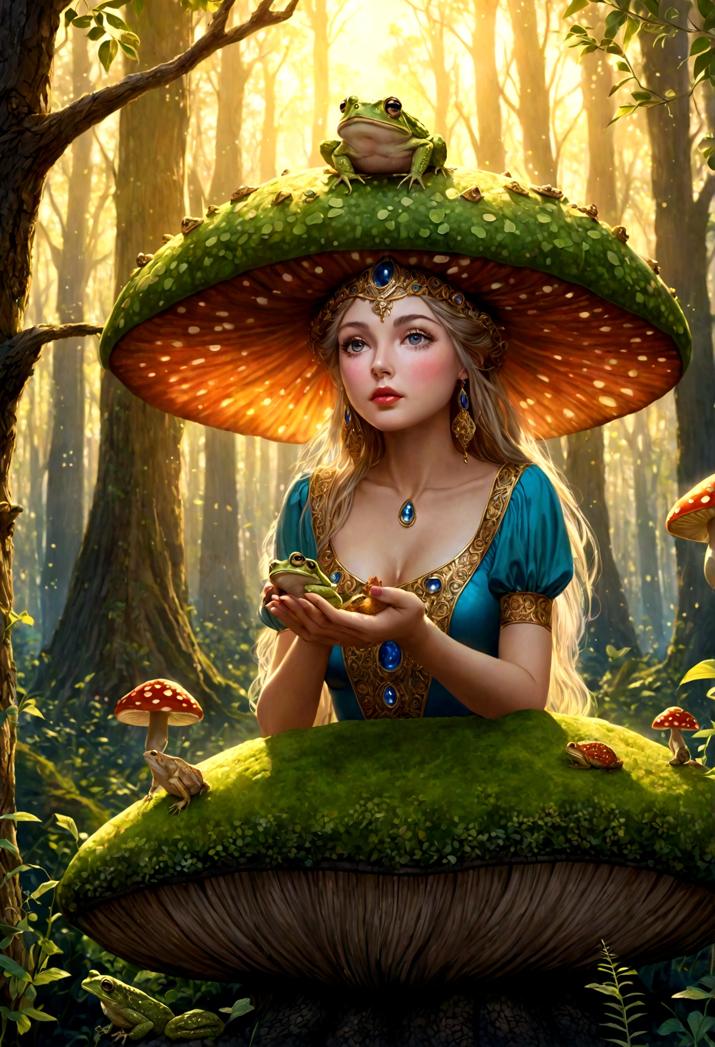 a lovely woman,toad queen,holding court on large bright toadstool,forest animals seek her wisdom,1girl,detailed eyes,detailed lips,longeyelashes,ethereal,magical realism,fantasy,whimsical,vibrant colors,dramatic lighting,golden hour,intricate details,highly detailed,photorealistic,8k,best quality