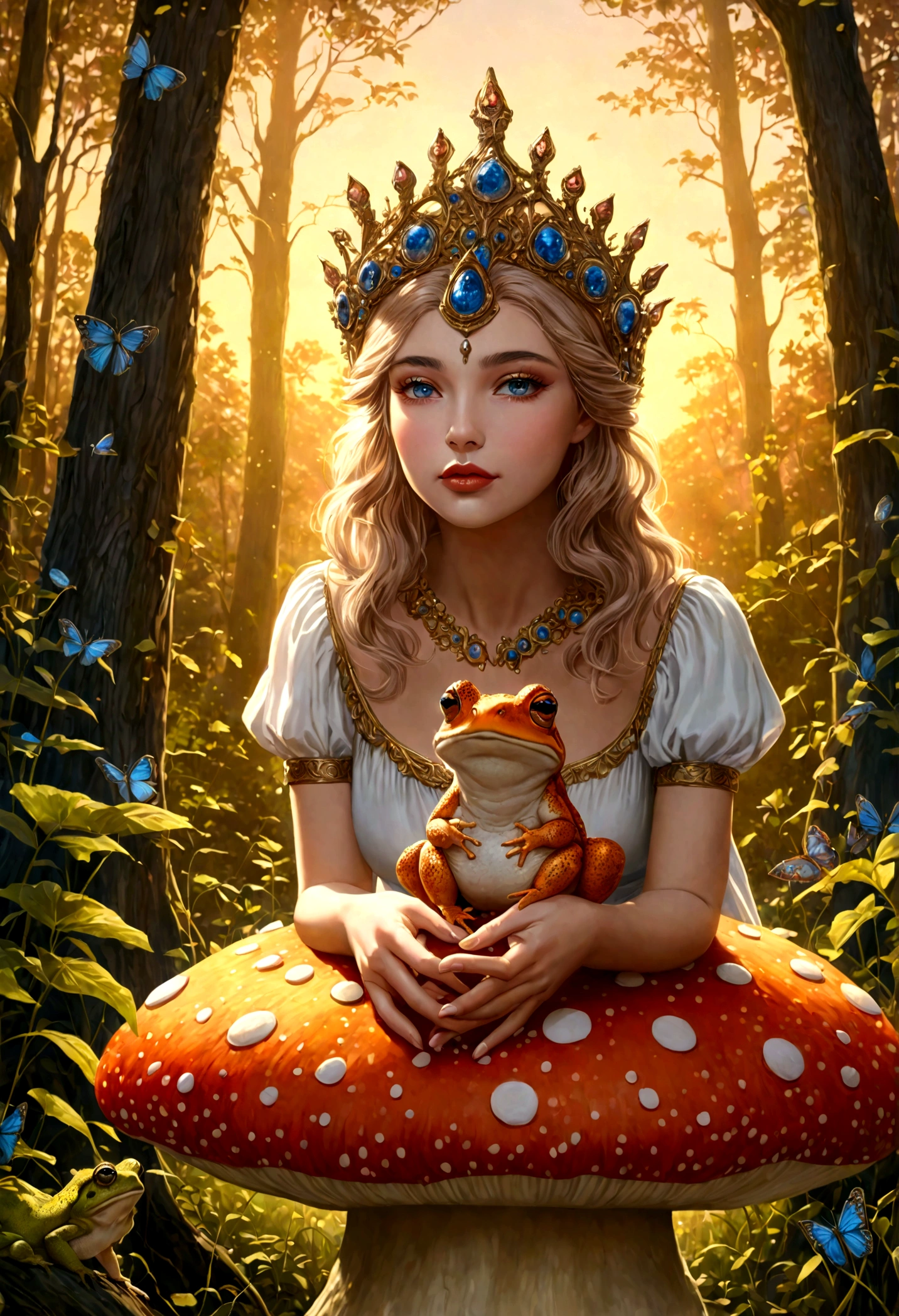 a lovely woman,toad queen,holding court on large bright toadstool,forest animals seek her wisdom,1girl,detailed eyes,detailed lips,longeyelashes,ethereal,magical realism,fantasy,whimsical,vibrant colors,dramatic lighting,golden hour,intricate details,highly detailed,photorealistic,8k,best quality