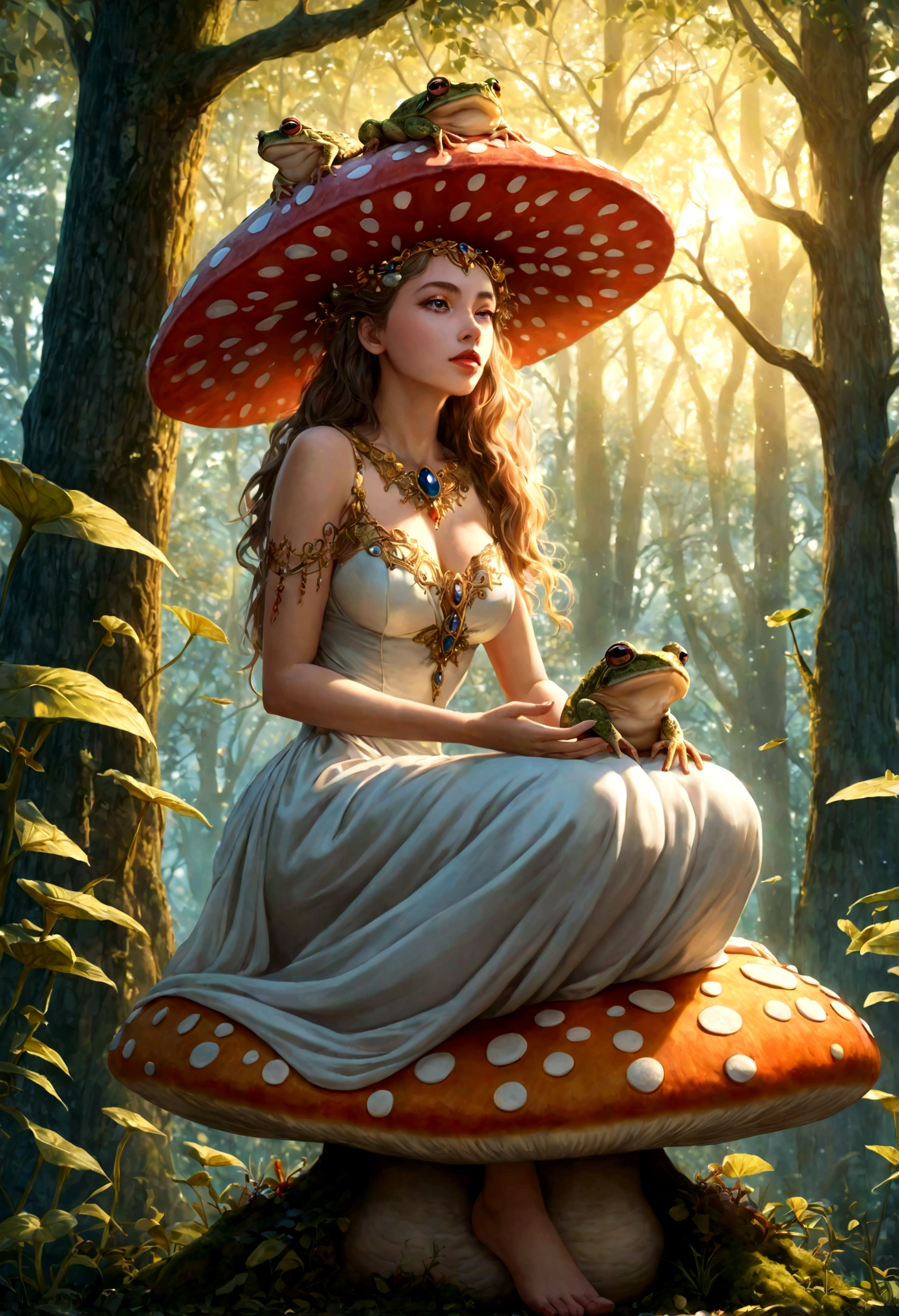 a lovely woman,toad queen,holding court on large bright toadstool,forest animals seek her wisdom,1girl,detailed eyes,detailed lips,longeyelashes,ethereal,magical realism,fantasy,whimsical,vibrant colors,dramatic lighting,golden hour,intricate details,highly detailed,photorealistic,8k,best quality