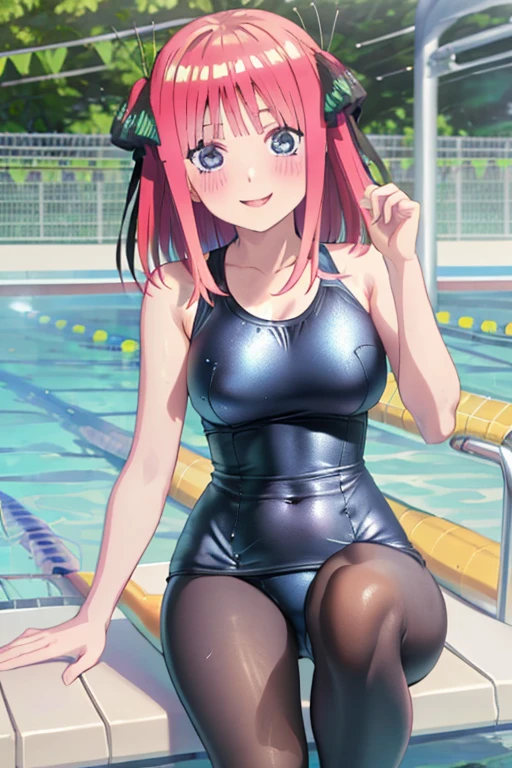 masterpiece, best quality, insanely detailed, beautiful, nino nakano, one-piece swimsuit, breasts, pantyhose, blush, smile, (outdoor swimming pool:1.3), legs spread