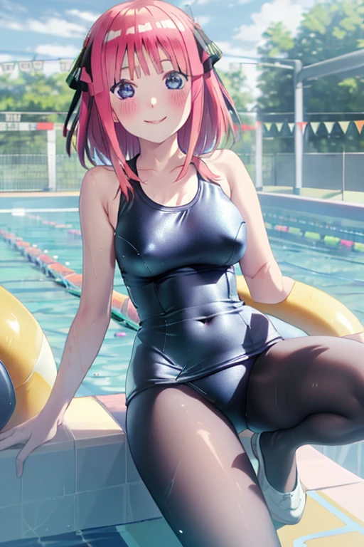 masterpiece, best quality, insanely detailed, beautiful, nino nakano, one-piece swimsuit, breasts, pantyhose, blush, smile, (outdoor swimming pool:1.3), legs spread