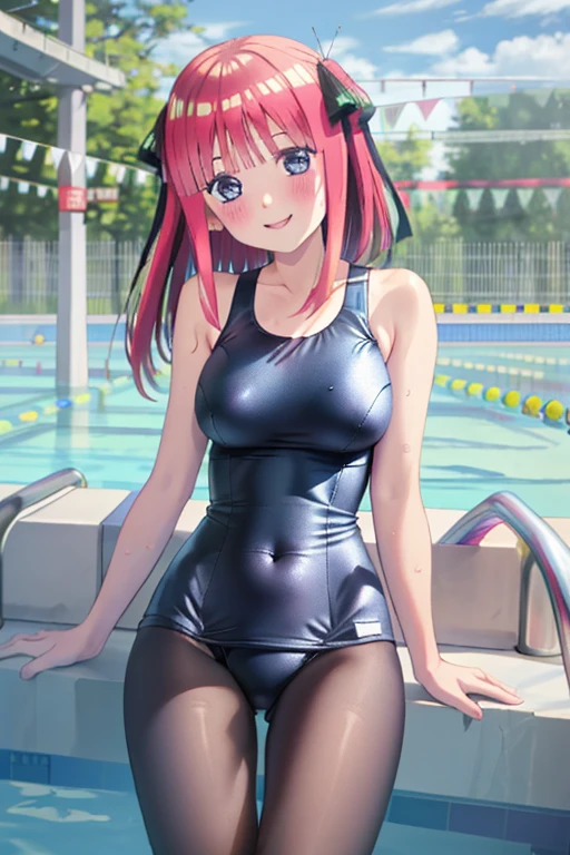 masterpiece, best quality, insanely detailed, beautiful, nino nakano, one-piece swimsuit, breasts, pantyhose, blush, smile, (outdoor swimming pool:1.3), legs spread