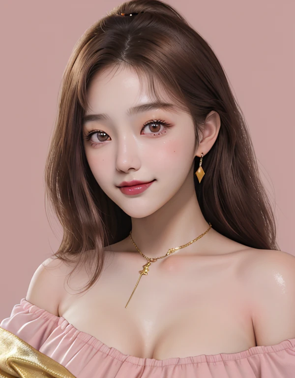 1 girl, 19 years old, south korean, 4k, masterpiece, soft skin, multiple frekles under eyes, long whavy brown hair, pink eyes, red lips, red eyeliners, massively large breast, off shoulder pink top, tattoo on the neck, gold jewels, gold necklase, happy, big smile, portrait, close shot, detailed face, facing camera.