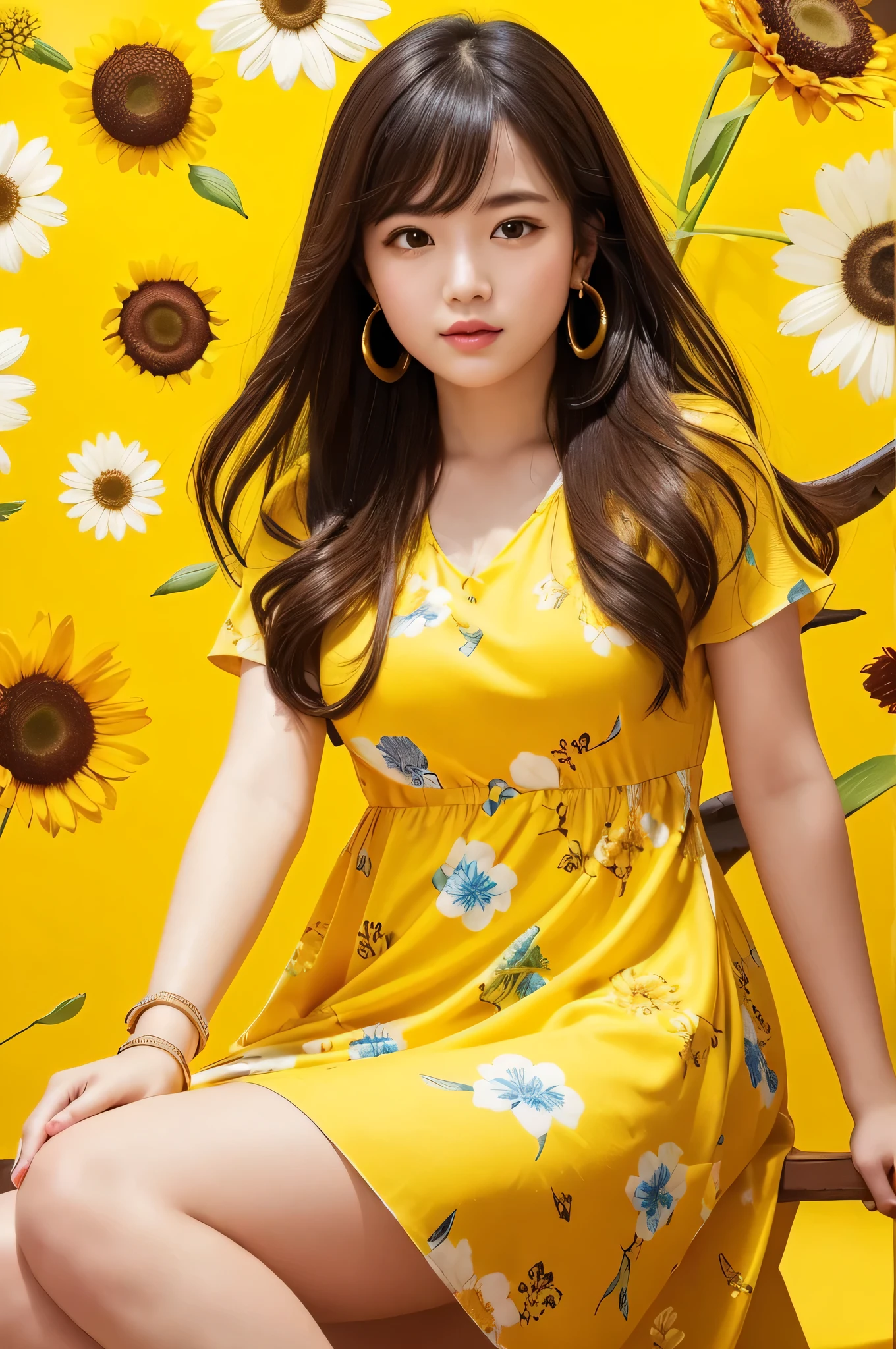 「Create a unique portrait with a vibrant yellow theme。At the center is、It depicts a young woman wearing a yellow floral dress.。She is sitting on a big banana、The background is also unified in bright yellow.。The woman's expression is bright、Her relaxed smile is impressive。Her hair is shoulder-length、Fluttering lightly in the wind。The overall color scheme is vibrant and cheerful.、The design has a pop art feel to it.。The simplicity of the background and the details of the banana create a unique contrast.、The result is a work that leaves a strong visual impact.。」