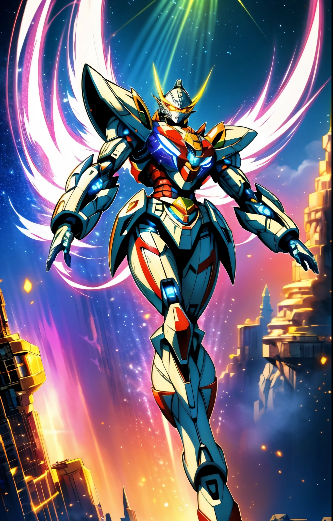 Humanoid Mecha, fully enclosed shoulder guards, matching arm and leg guards, full body, full armor, the design balances heavy with agility, (the color scheme is primarily white with red and blue accents, the concept Inspired by Dynastinae, organic biotech armor, pose, standing, floating high above the futuristic sci-fi city), exquisite and mature art style, (aura effect, energy, glowing eyes, the armor glows), ((RRS)), metallic, dynamic angle, dynamic composition, dramatic, high definition, best quality, highres, ultra-detailed, ultra-fine painting, extremely delicate, professional, perfect body proportions, anatomically correct, symmetrical face, extremely detailed eyes and face, high quality eyes, creativity, RAW photo, UHD, 32k, Natural light, cinematic lighting, masterpiece-anatomy-perfect, masterpiece:1.5