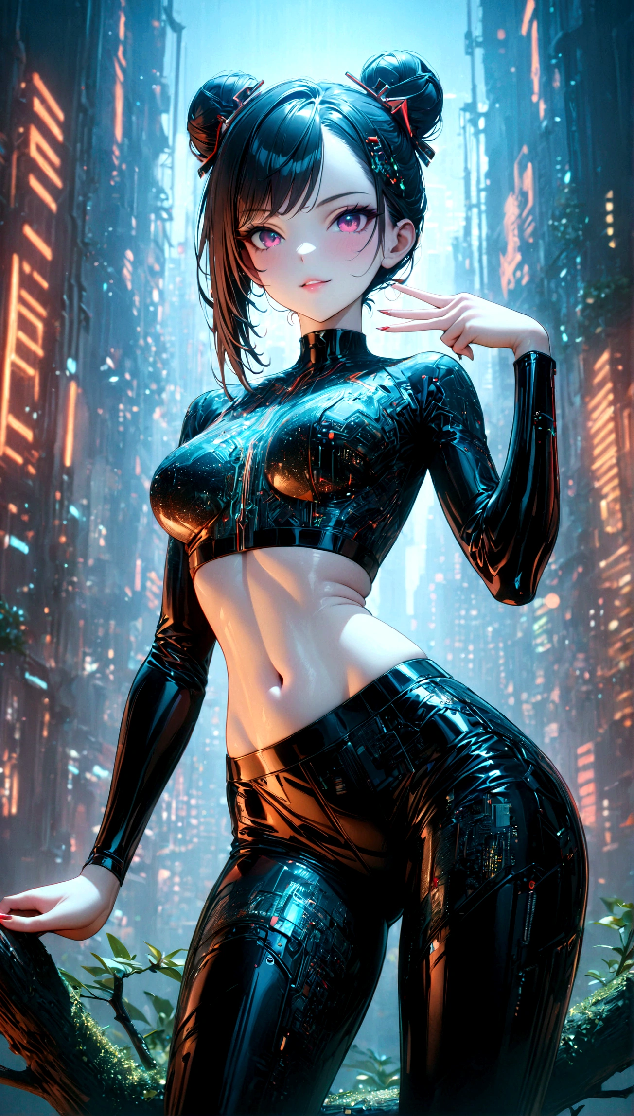 beautiful Cybernetics girl, heart hair bun, Hair accessories, (Delicate skin), Pale skin, black crop top made of circuit boards,  sexy Futuristic pants, on branch, v, Japanese words with glitter effect, cyberpunk background,Sensual, is attractive, (masterpiece:1.3), (best quality:1.3), (ultra detailed:1.3), 8k, extremely clear