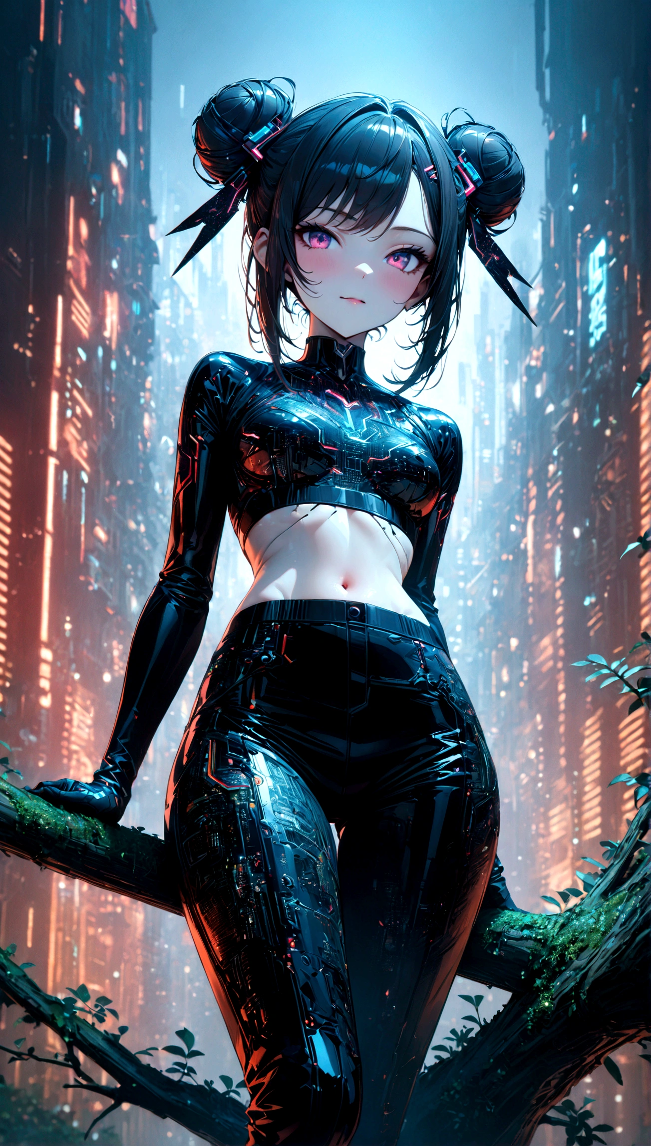 beautiful Cybernetics girl, heart hair bun, Hair accessories, (Delicate skin), Pale skin, black crop top made of circuit boards,  sexy Futuristic pants, on branch, v, Japanese words with glitter effect, cyberpunk background,Sensual, is attractive, (masterpiece:1.3), (best quality:1.3), (ultra detailed:1.3), 8k, extremely clear