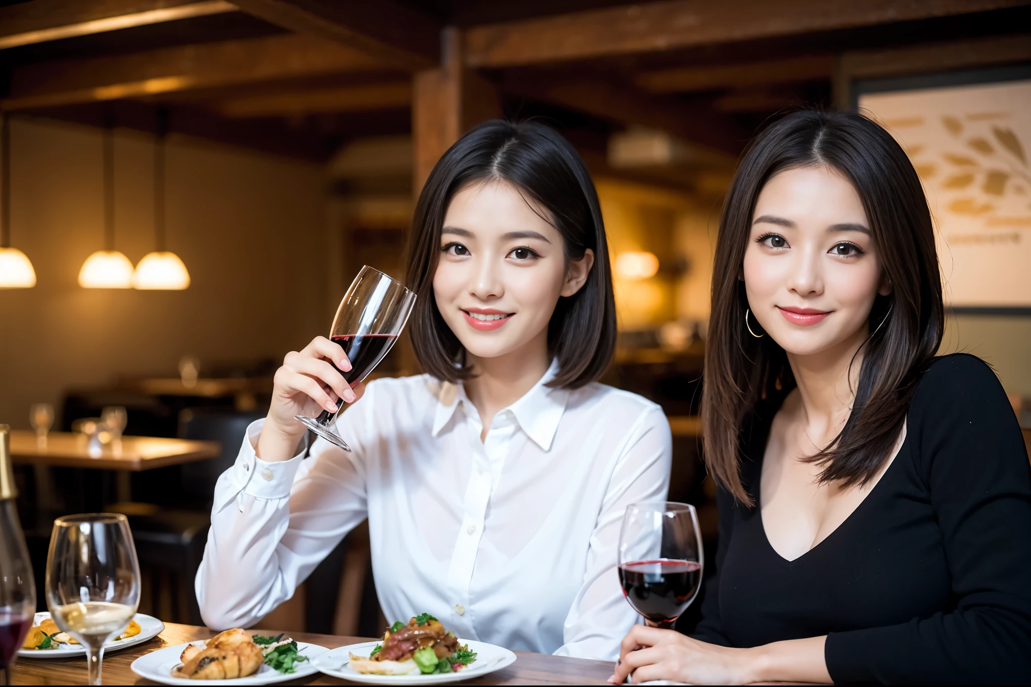 ((highest quality、8k、masterpiece:1.3))、1 male 1 female、lover、Beautiful couple、Japanese couple、Smile、full-course dinner、 (Slim face), (the body is スリム), (Brown Hair), (Shortcuts), ((Bob Hale、Straight hair:1.2)), テーブルの上のwine glass、Please shine a light on my face、 Amazing view of the sunset sky and clouds、Shortcuts,Bright Face、 (36 years old), 39 years old, red wine 、Appetizers、Italian food、Wine bottle、Champagne、sparkling wine、Long sleeve shirt、dress、Attractive beauty、restaurant, Nova Frog Style, actress, model, Upper Body, White wine, red wine, wine glass, 